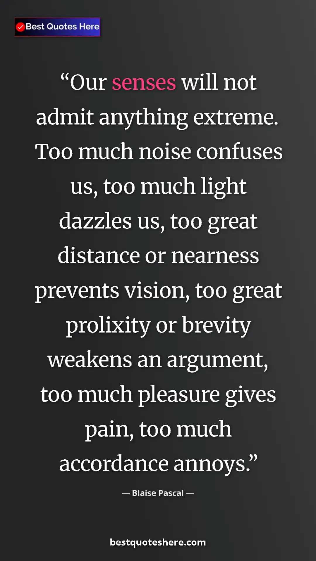 Blaise Pascal Quote Card: "Our senses will not admit anything extreme. Too much noise c" Pinterest quote poster by Blaise Pascal: "Our senses will not admit anything extreme. Too much noise c"