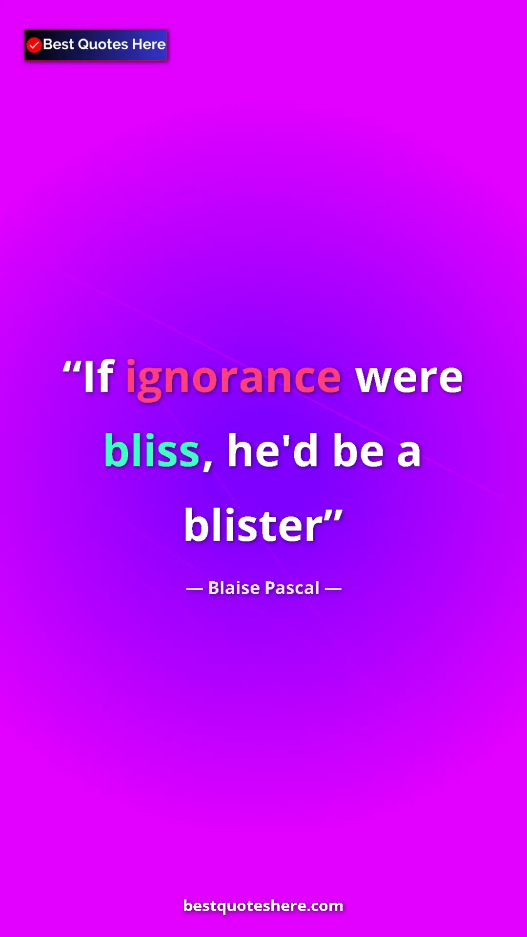 Pinterest quote poster by Blaise Pascal: "If ignorance were bliss, he'd be a blister"