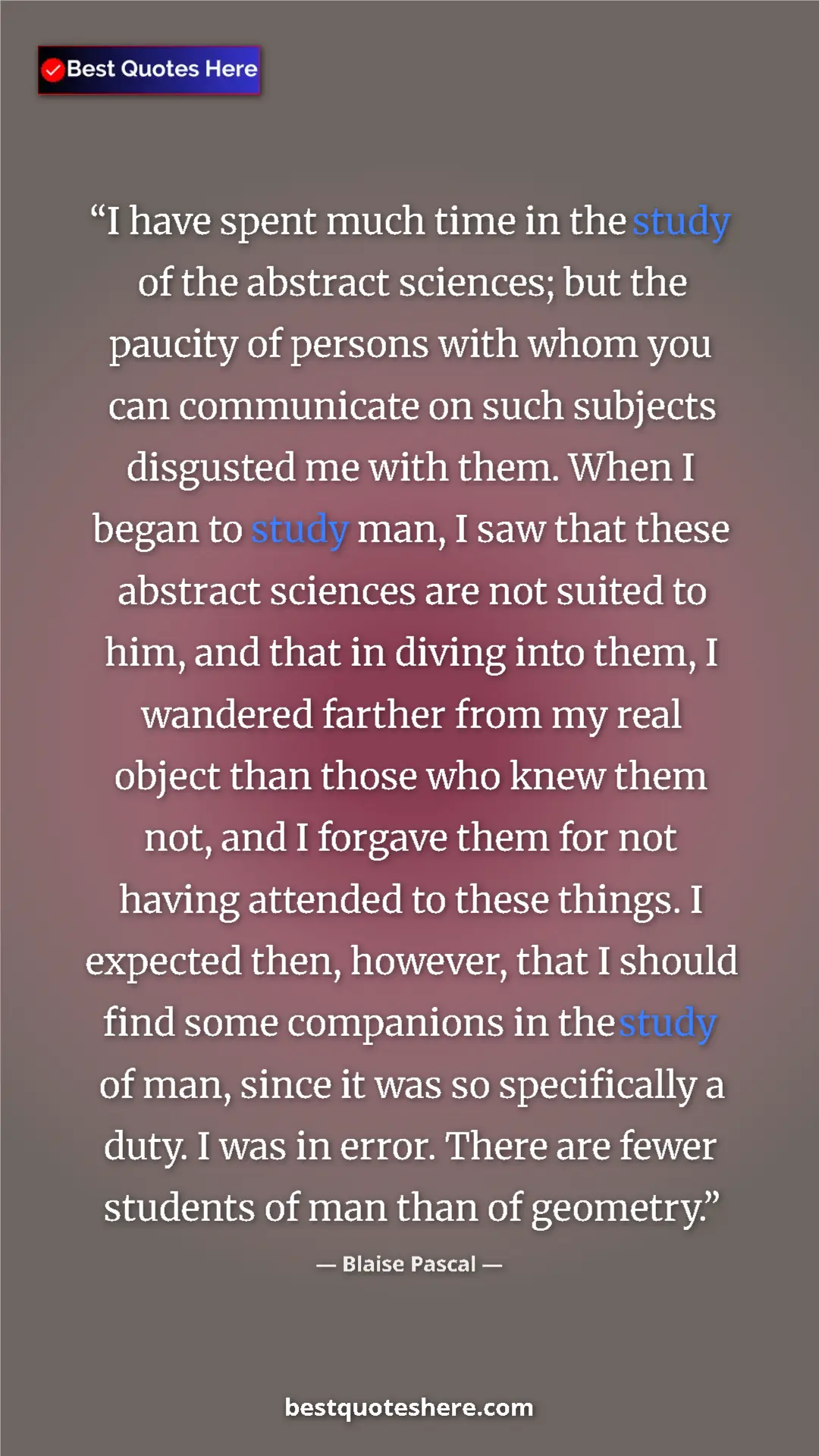 Pinterest quote poster by Blaise Pascal: "I have spent much time in the study of the abstract sciences"