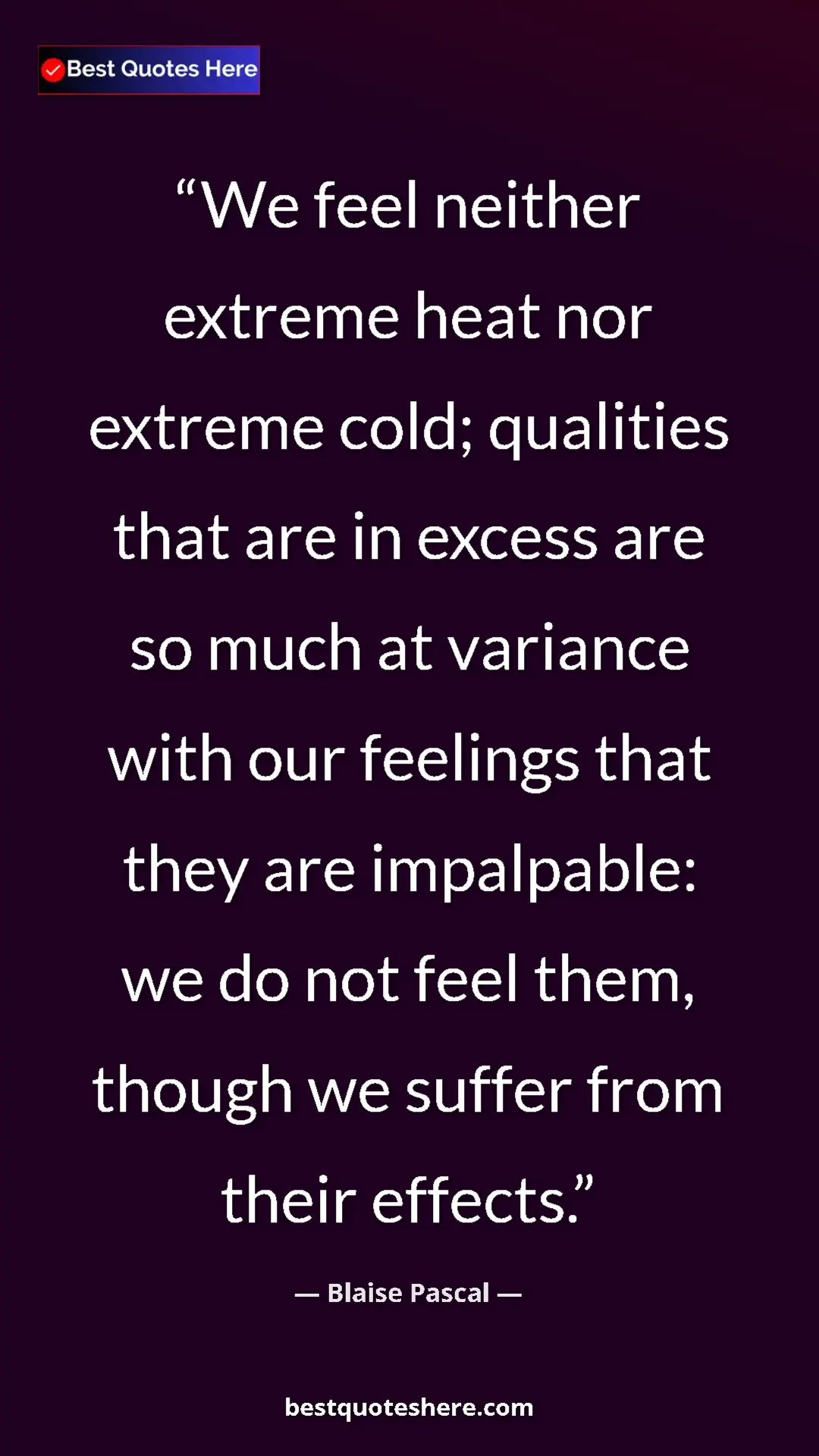 Pinterest quote poster by Blaise Pascal: "We feel neither extreme heat nor extreme cold; qualities..."
