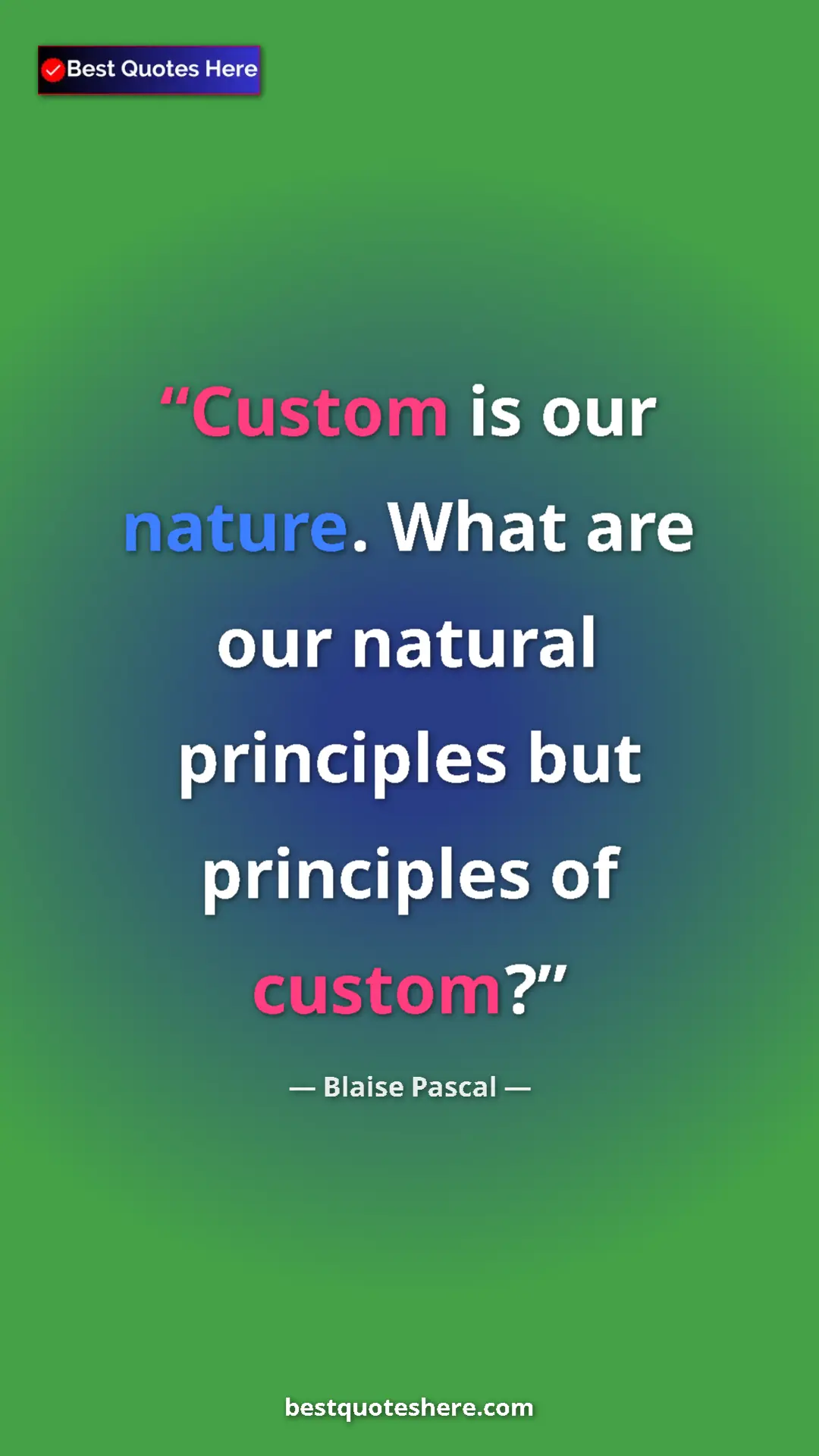 Pinterest quote poster by Blaise Pascal: "Custom is our nature. What are our natural principles but..."