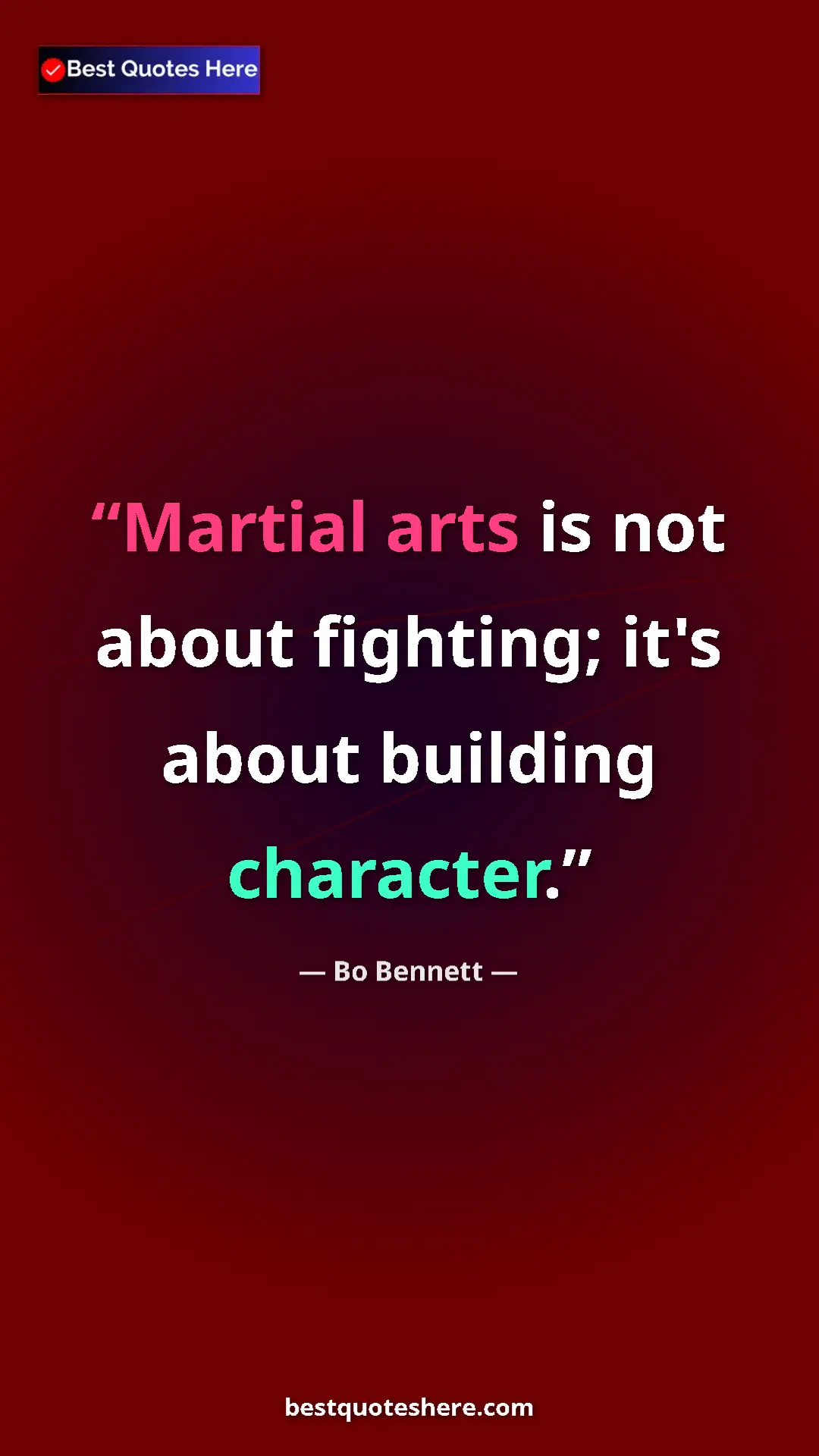 Pinterest quote poster by Bo Bennett: "Martial arts is not about fighting; it's about building char"