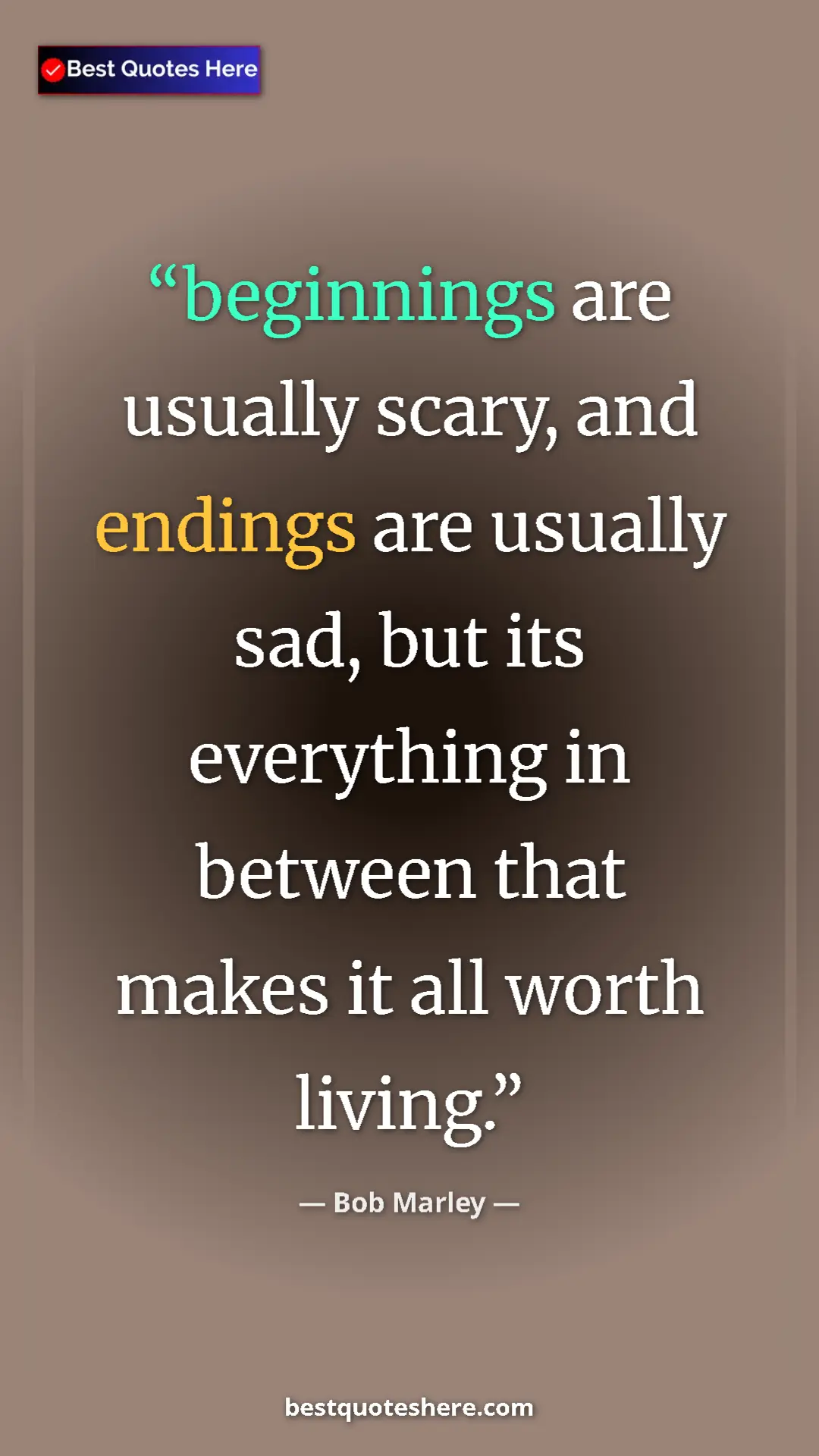 Pinterest quote poster by Bob Marley: "beginnings are usually scary, and endings are usually sad,..."