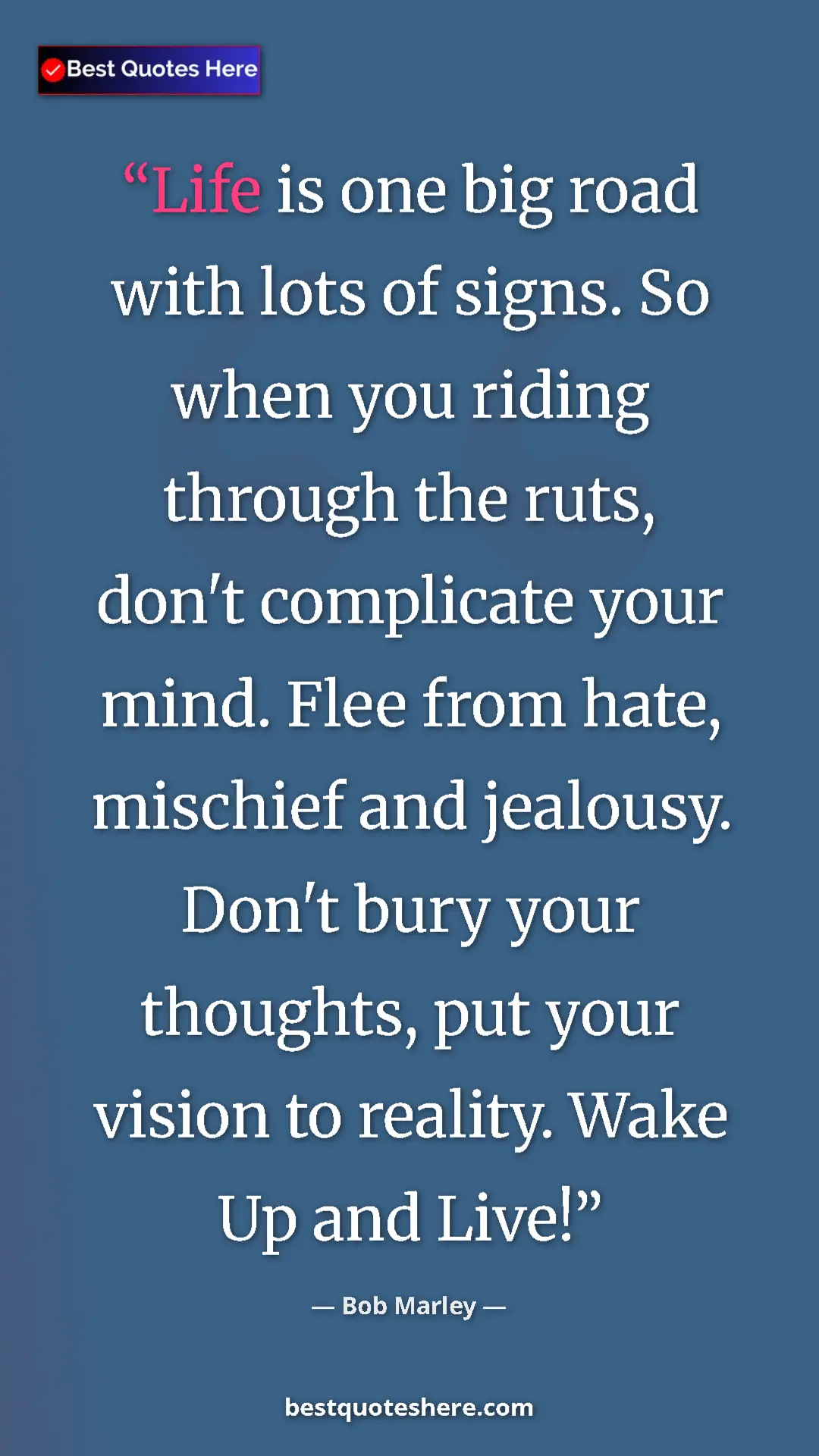 Pinterest quote poster by Bob Marley: "Life is one big road with lots of signs. So when you riding..."