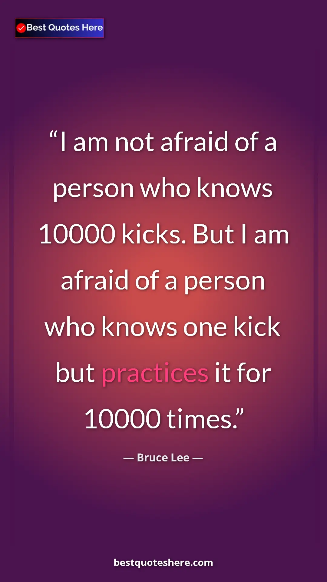 Pinterest quote poster by Bruce Lee: "I am not afraid of a person who knows 10000 kicks. But I am..."