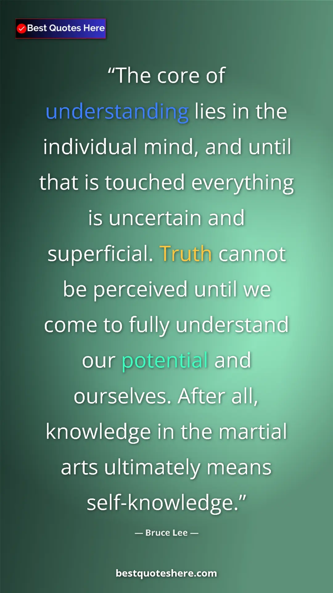 Bruce Lee Quote Card: "The core of understanding lies in the individual mind, and..." Pinterest quote poster by Bruce Lee: "The core of understanding lies in the individual mind, and..."