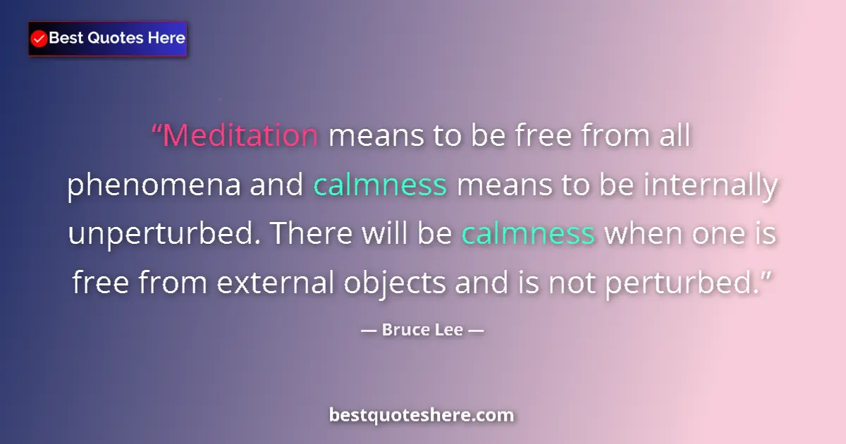 Quote by Bruce Lee: Meditation means to be free from all phenomena and calmness means to be internally unperturbed. Ther...