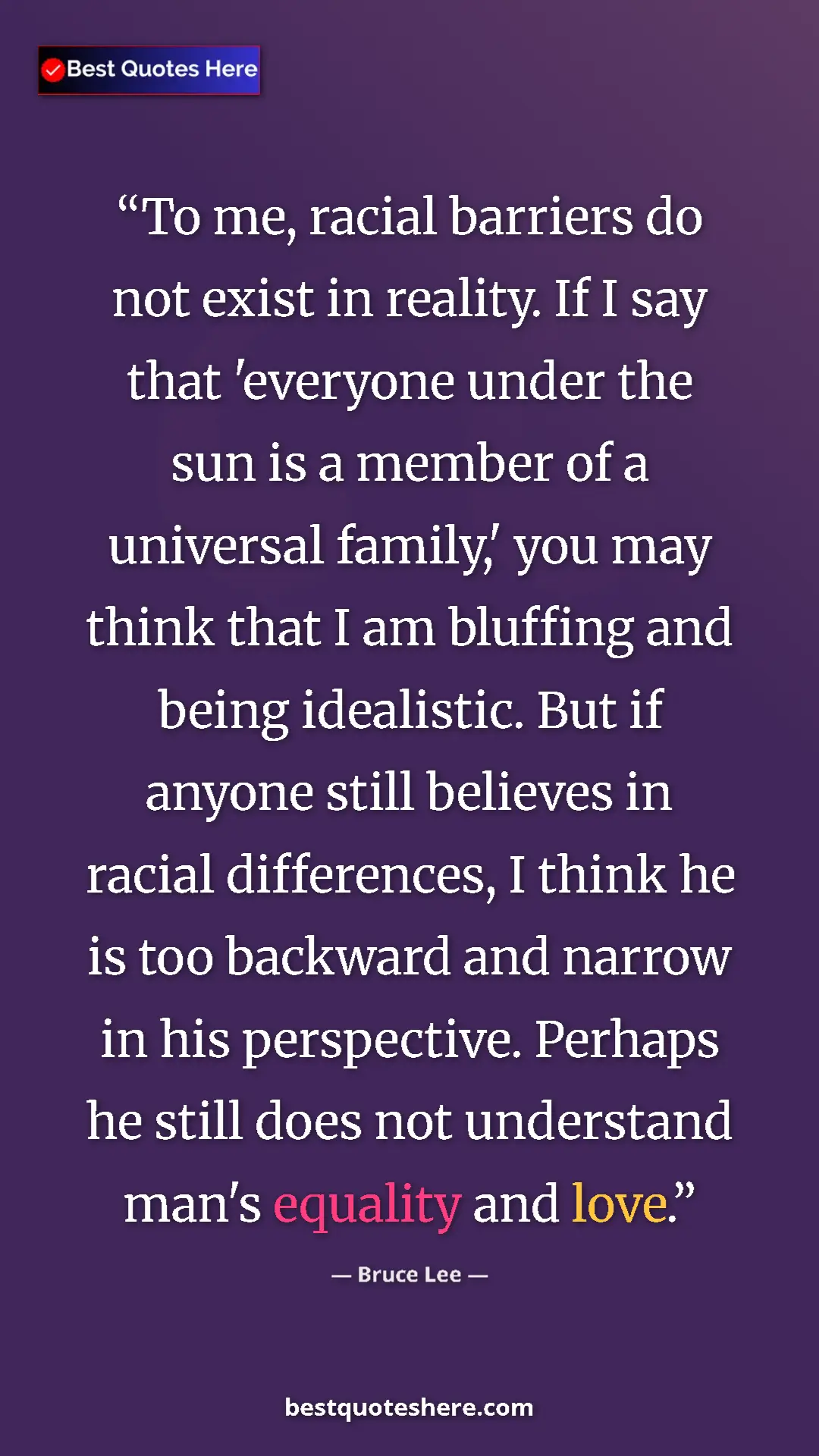 Bruce Lee Quote Card: "To me, racial barriers do not exist in reality. If I say..." Pinterest quote poster by Bruce Lee: "To me, racial barriers do not exist in reality. If I say..."