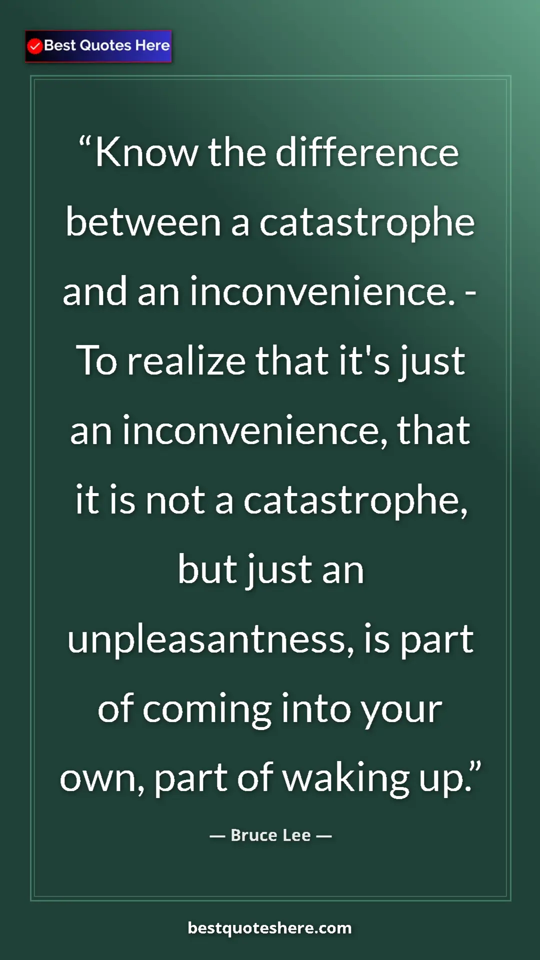 Bruce Lee Quote Card: "Know the difference between a catastrophe and an..." Pinterest quote poster by Bruce Lee: "Know the difference between a catastrophe and an..."