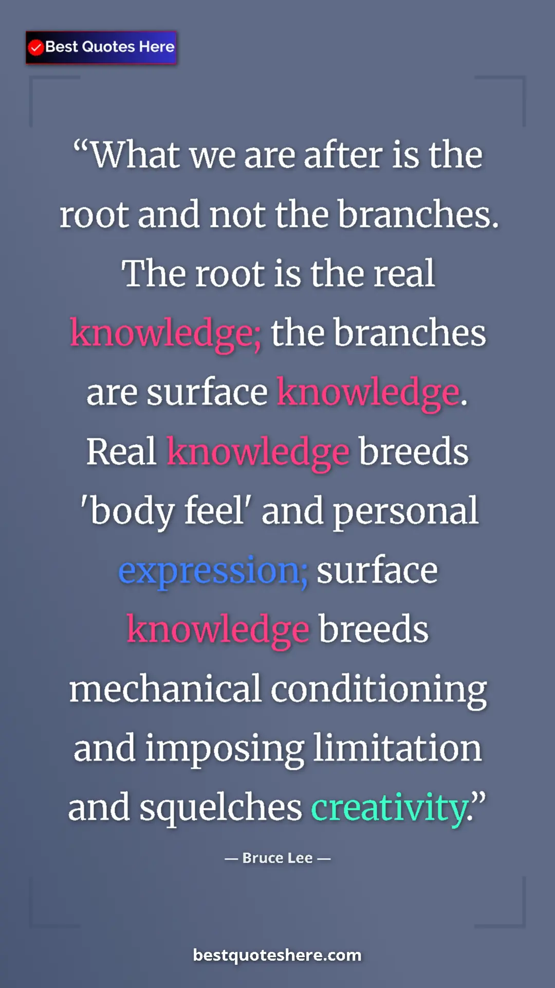 Bruce Lee Quote Card: "What we are after is the root and not the branches. The..." Pinterest quote poster by Bruce Lee: "What we are after is the root and not the branches. The..."