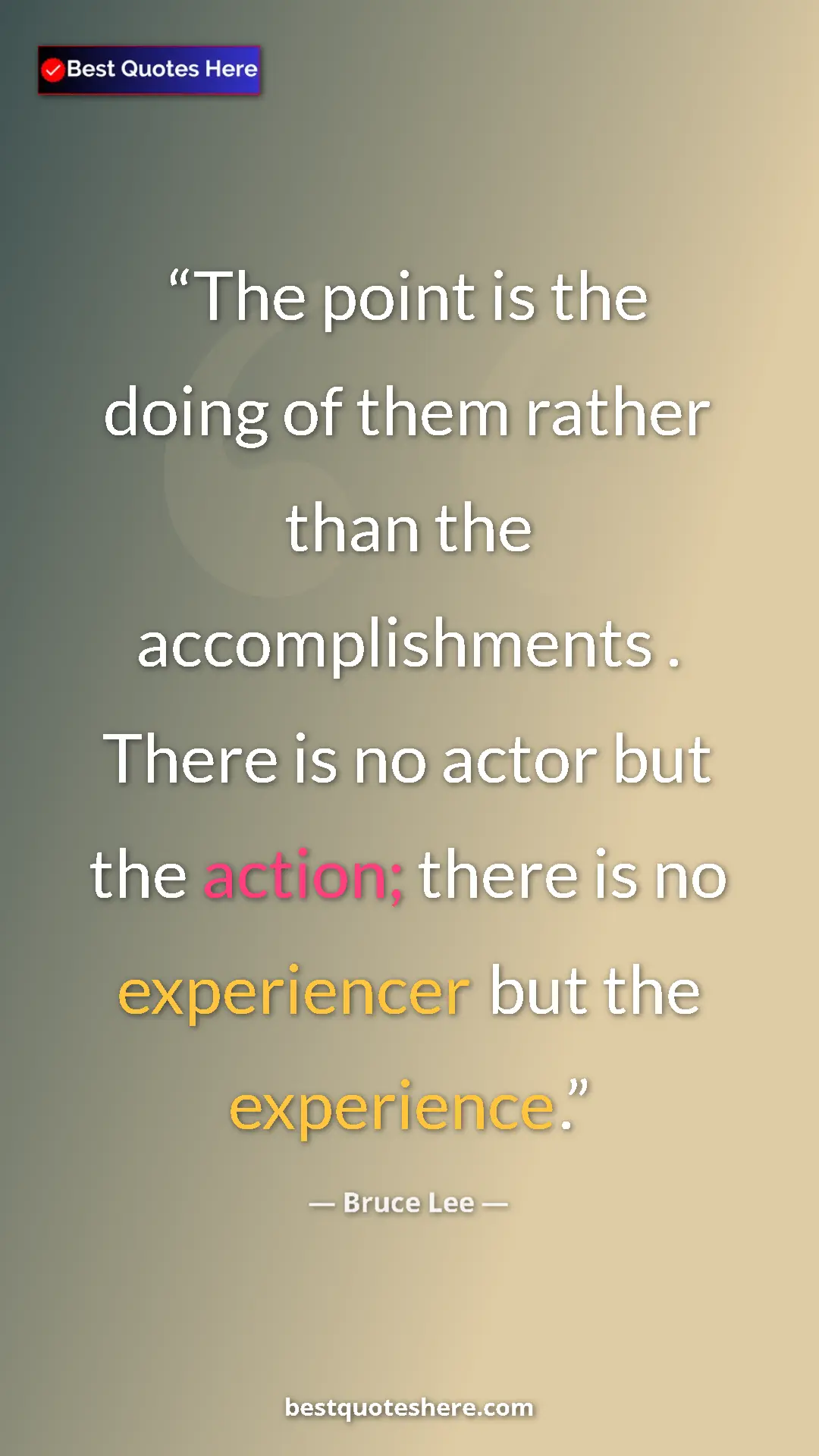 Bruce Lee Quote Card: "The point is the doing of them rather than the..." Pinterest quote poster by Bruce Lee: "The point is the doing of them rather than the..."