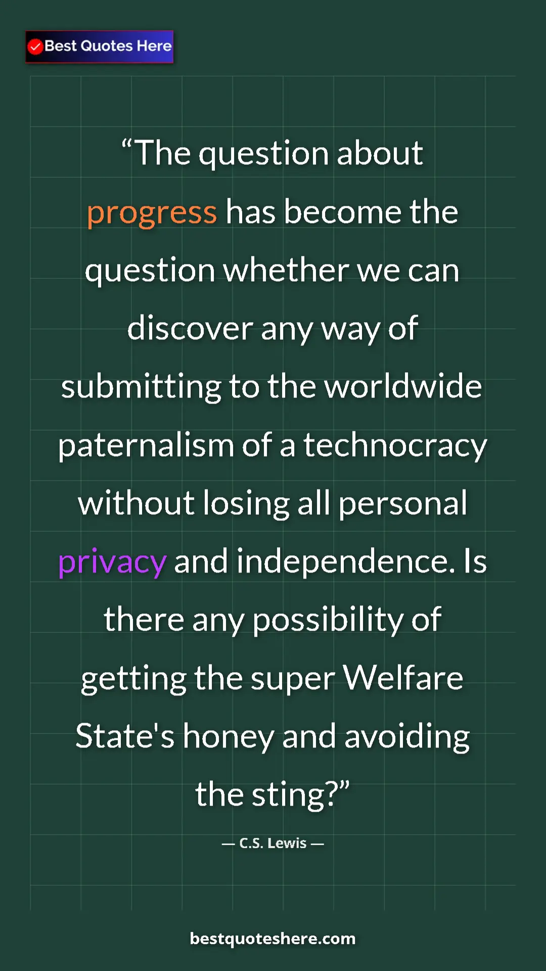 Pinterest quote poster by C.S. Lewis: "The question about progress has become the question whether..."