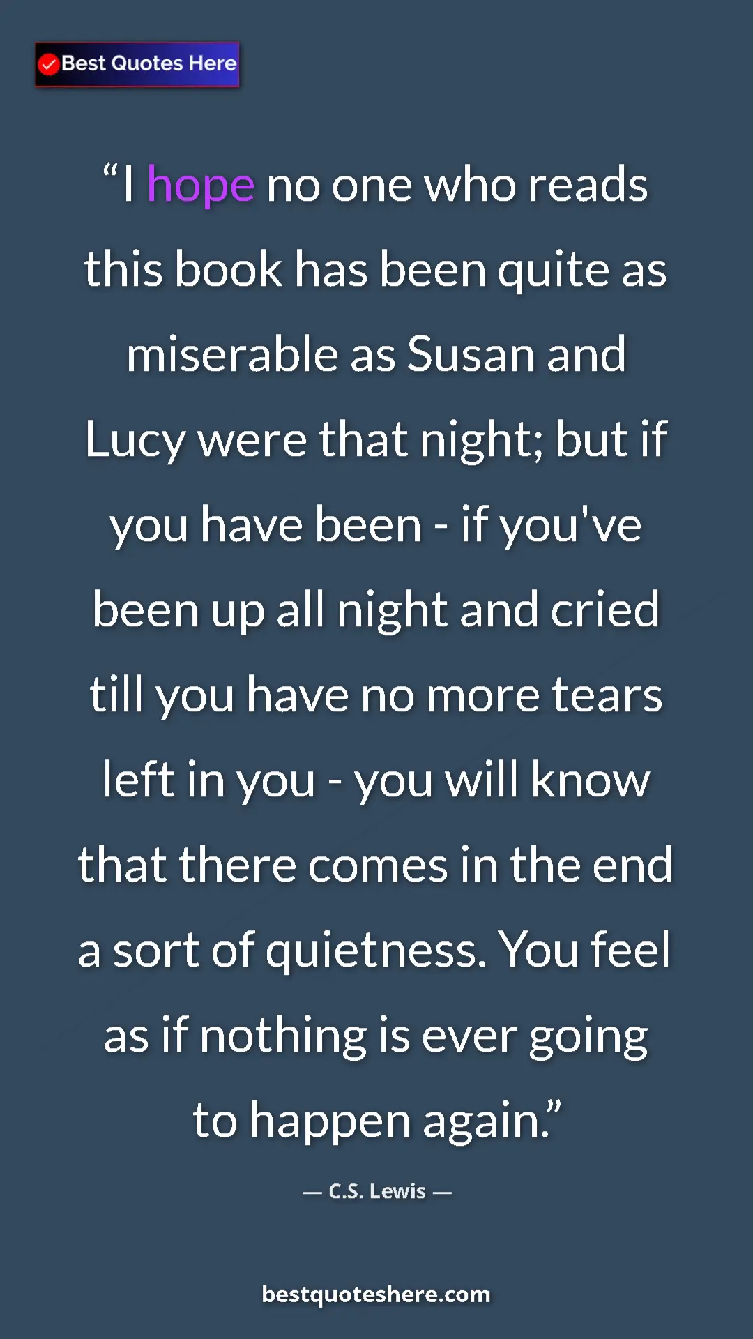 Pinterest quote poster by C.S. Lewis: "I hope no one who reads this book has been quite as..."