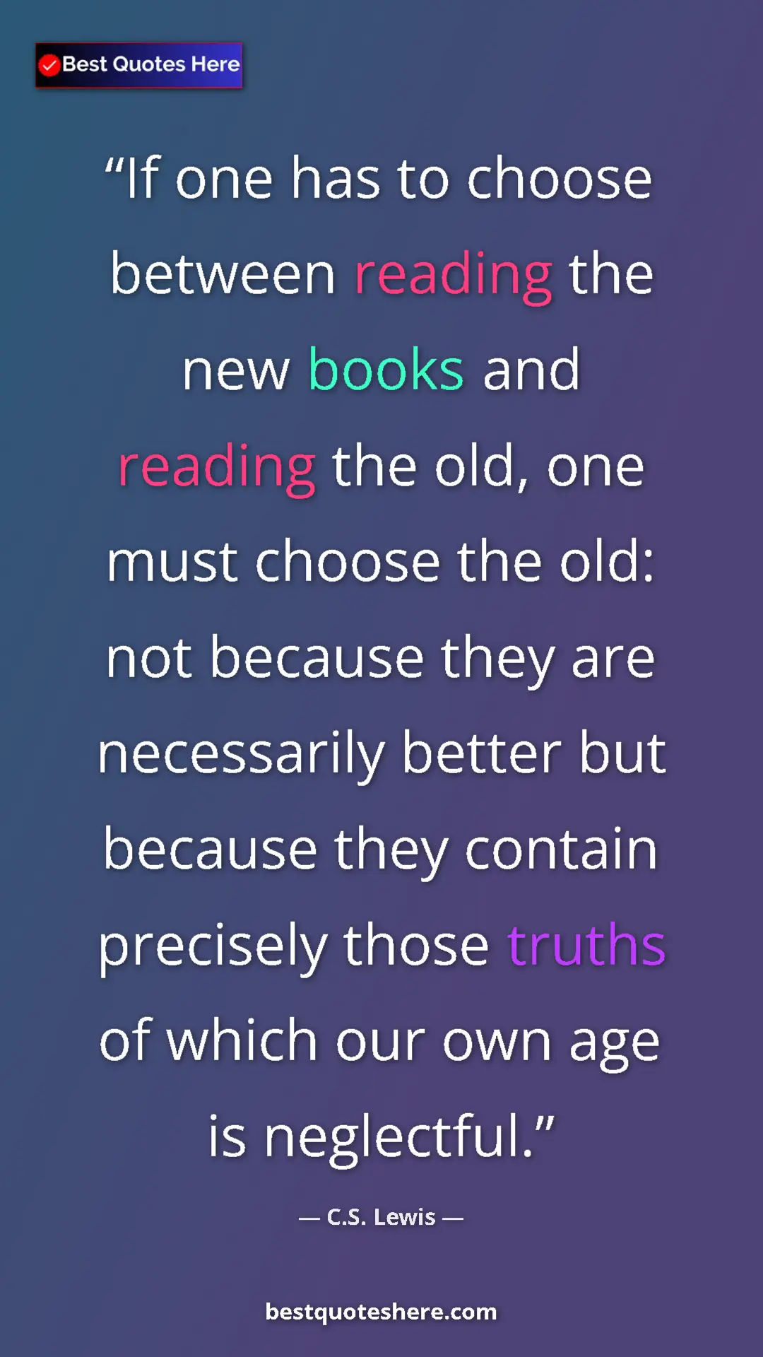 C.S. Lewis Quote Card: "If one has to choose between reading the new books and..." Pinterest quote poster by C.S. Lewis: "If one has to choose between reading the new books and..."