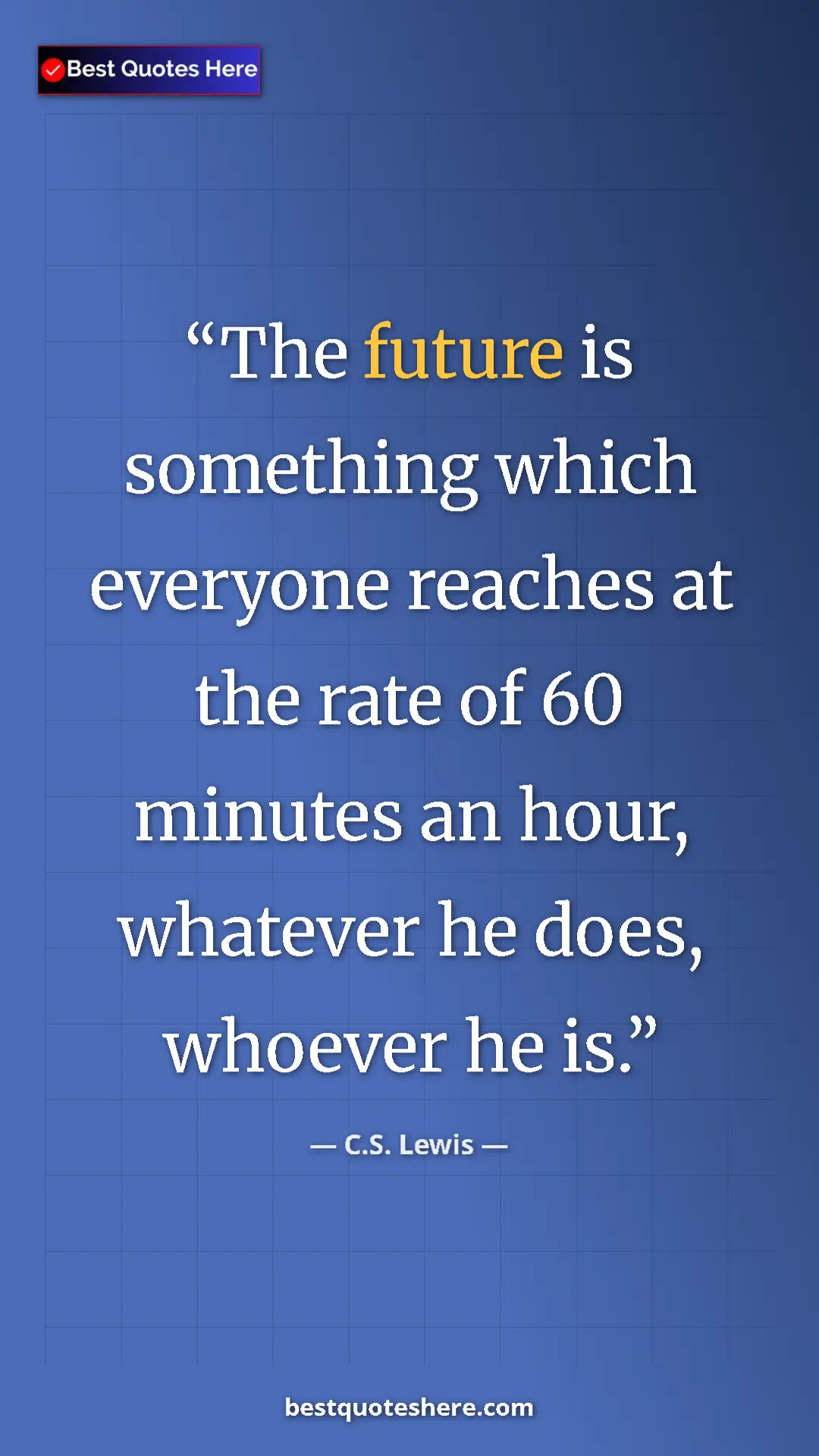 C.S. Lewis Quote Card: "The future is something which everyone reaches at the rate..." Pinterest quote poster by C.S. Lewis: "The future is something which everyone reaches at the rate..."