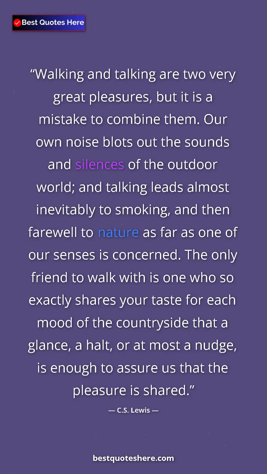 Pinterest quote poster by C.S. Lewis: "Walking and talking are two very great pleasures, but it is..."