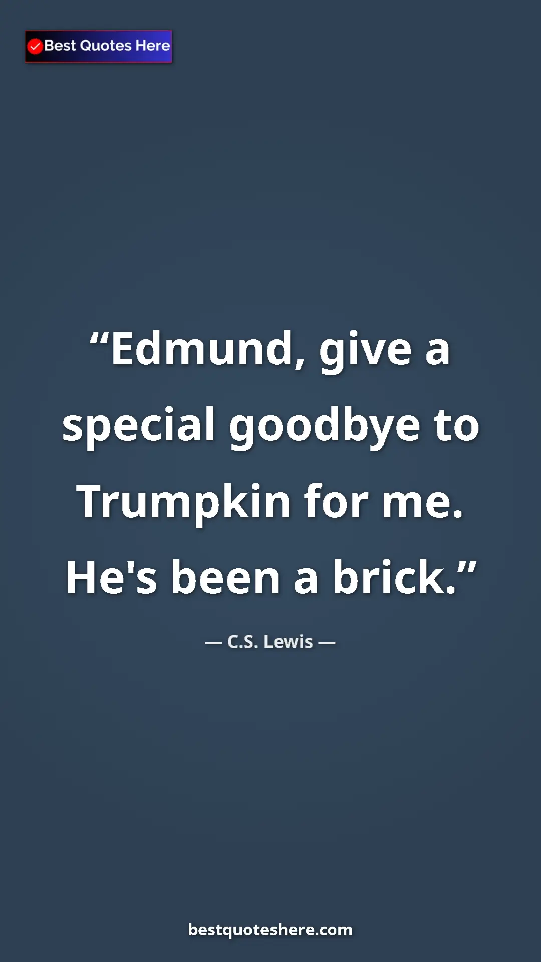 C.S. Lewis Quote Card: "Edmund, give a special goodbye to Trumpkin for me. He's..." Pinterest quote poster by C.S. Lewis: "Edmund, give a special goodbye to Trumpkin for me. He's..."