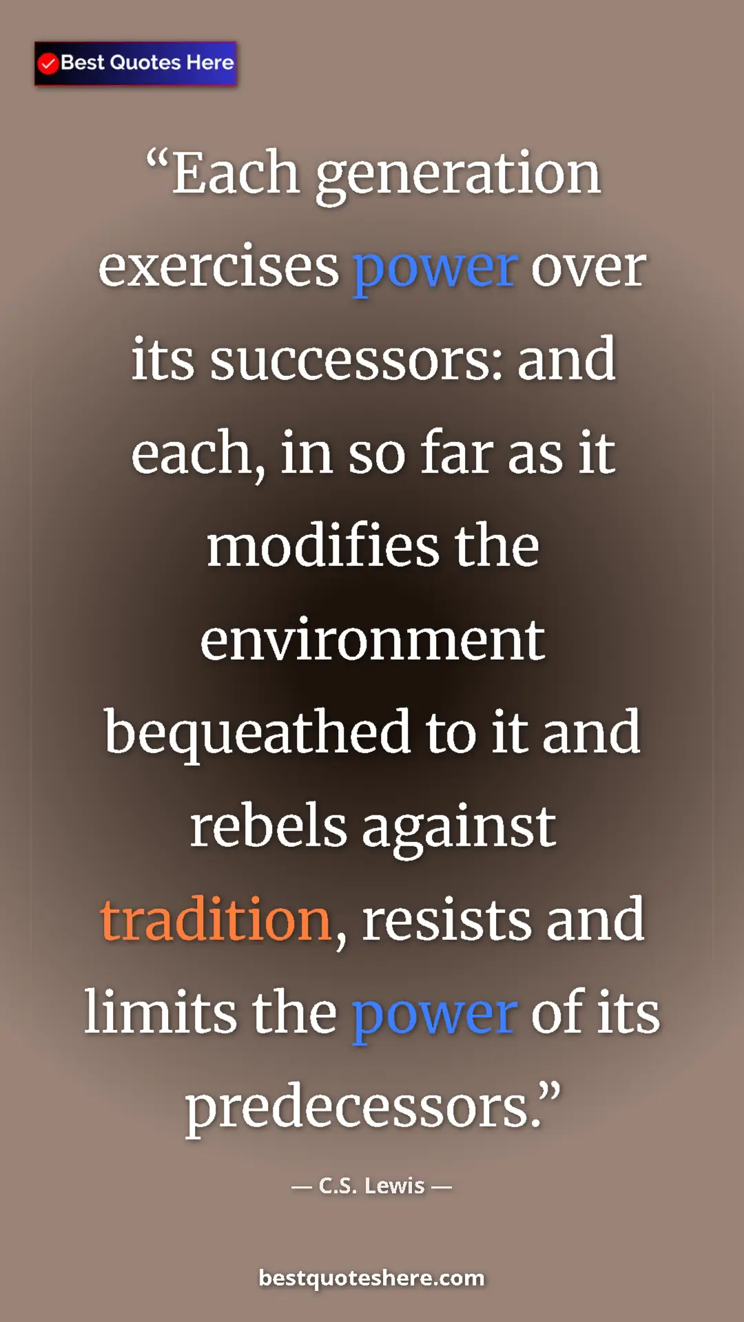 C.S. Lewis Quote Card: "Each generation exercises power over its successors: and..." Pinterest quote poster by C.S. Lewis: "Each generation exercises power over its successors: and..."