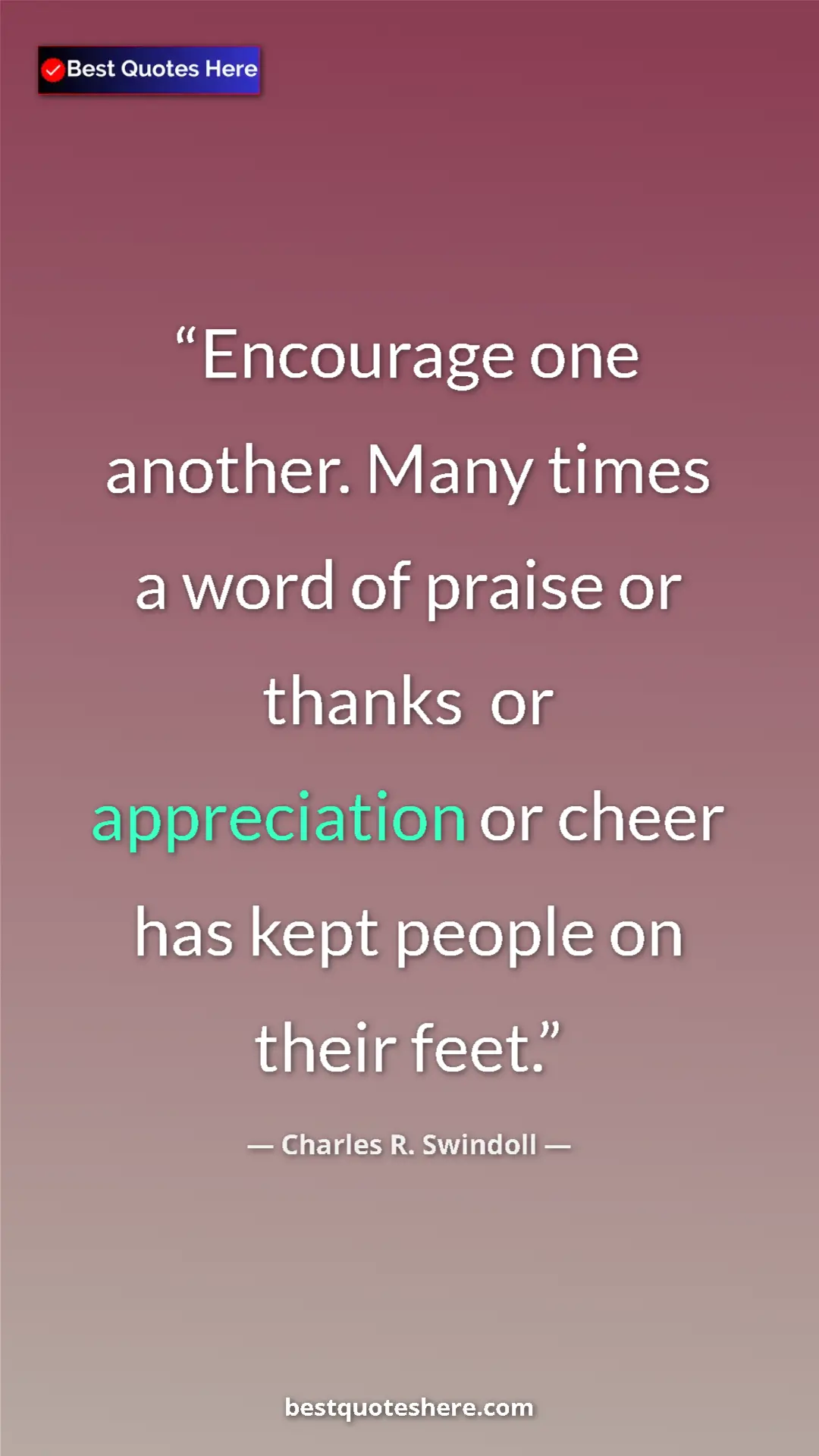 Pinterest quote poster by Charles R. Swindoll: "Encourage one another. Many times a word of praise or..."