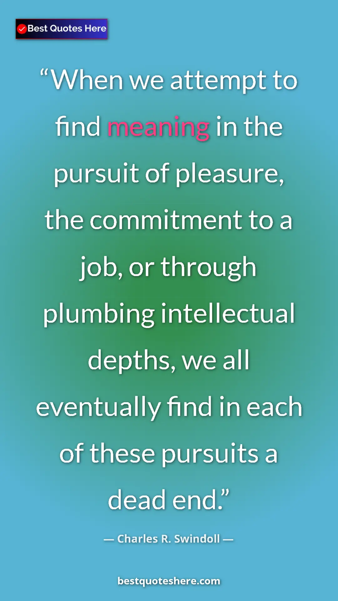 Pinterest quote poster by Charles R. Swindoll: "When we attempt to find meaning in the pursuit of pleasure,..."