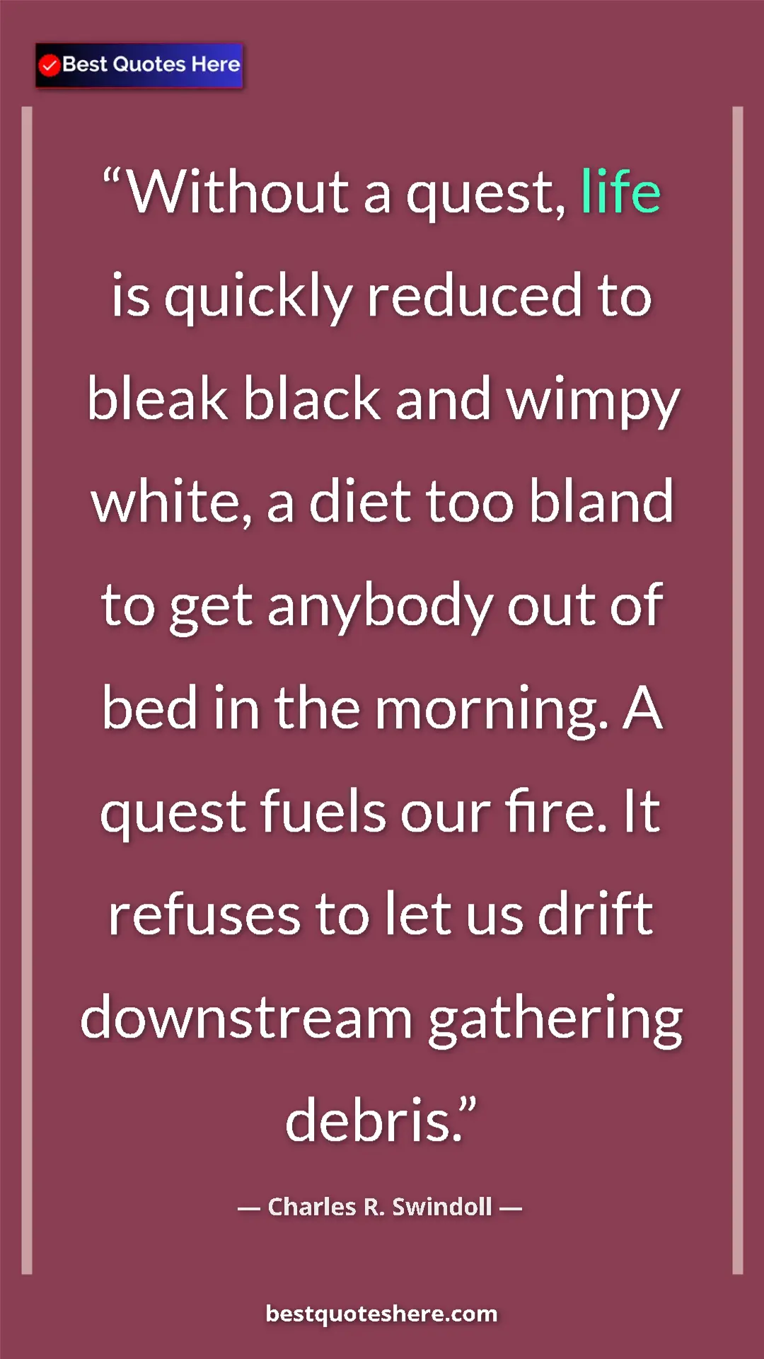 Pinterest quote poster by Charles R. Swindoll: "Without a quest, life is quickly reduced to bleak black and..."
