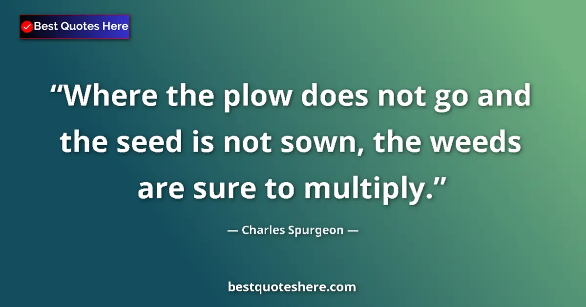 Quote by Charles Spurgeon: Where the plow does not go and the seed is not sown, the weeds are sure to multiply....
