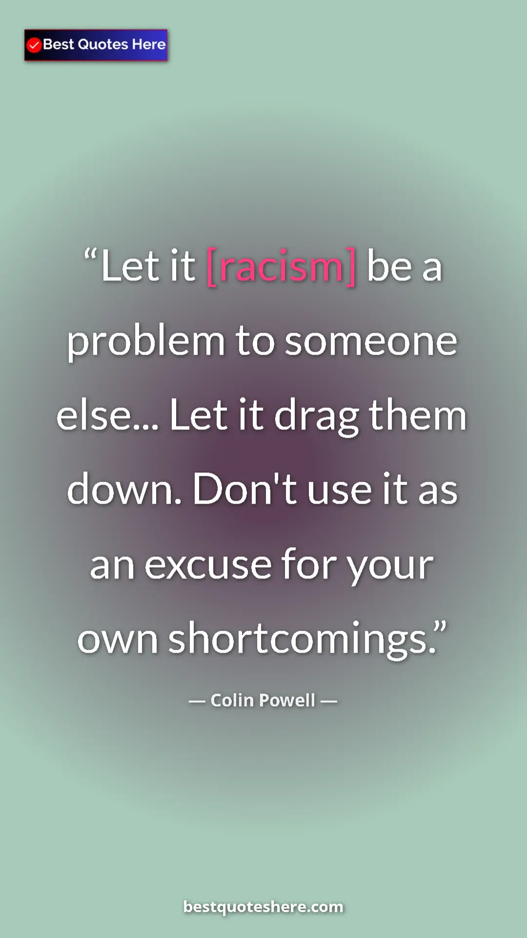 Pinterest quote poster by Colin Powell: "Let it [racism] be a problem to someone else... Let it drag..."