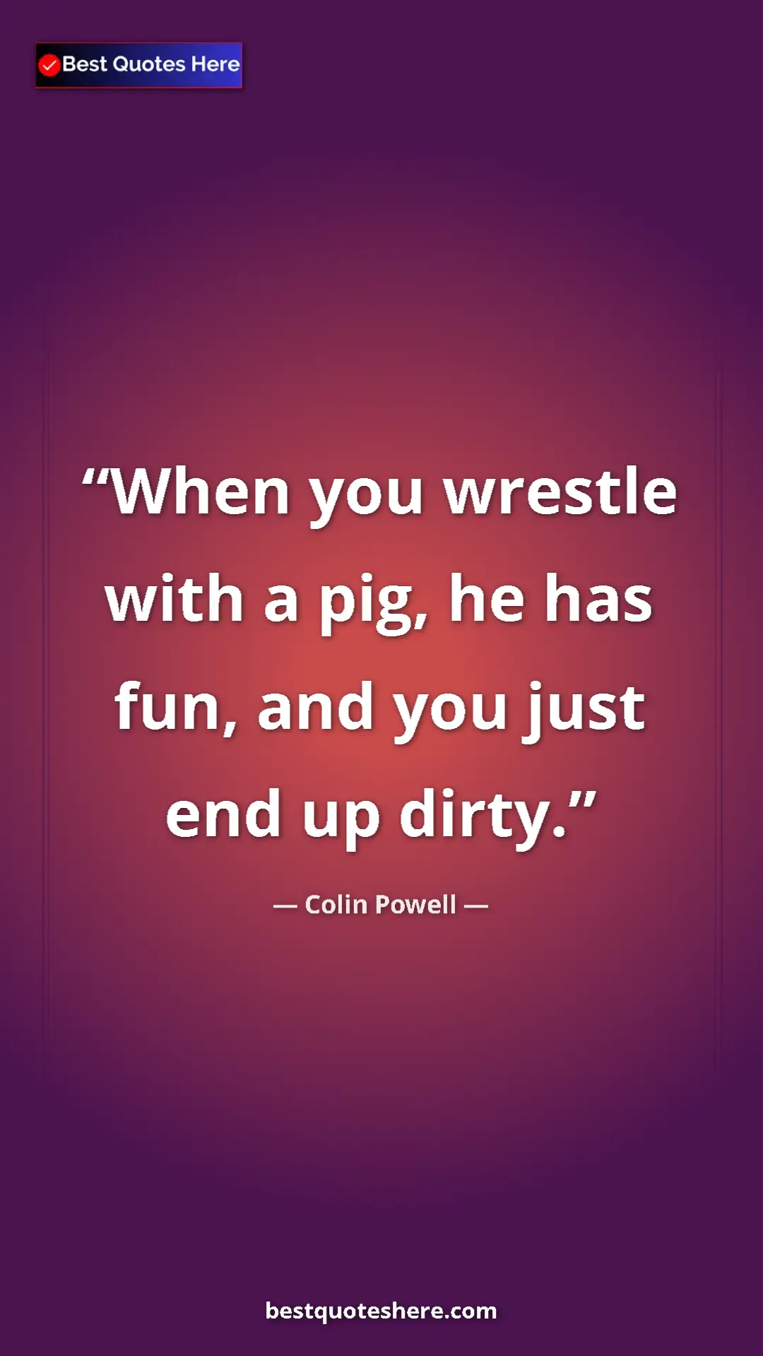 Pinterest quote poster by Colin Powell: "When you wrestle with a pig, he has fun, and you just end..."
