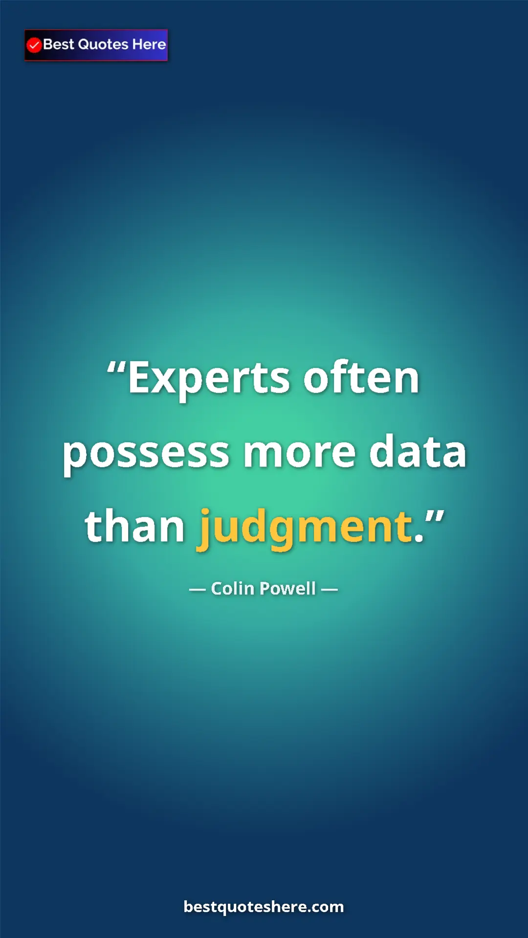 Pinterest quote poster by Colin Powell: "Experts often possess more data than judgment."