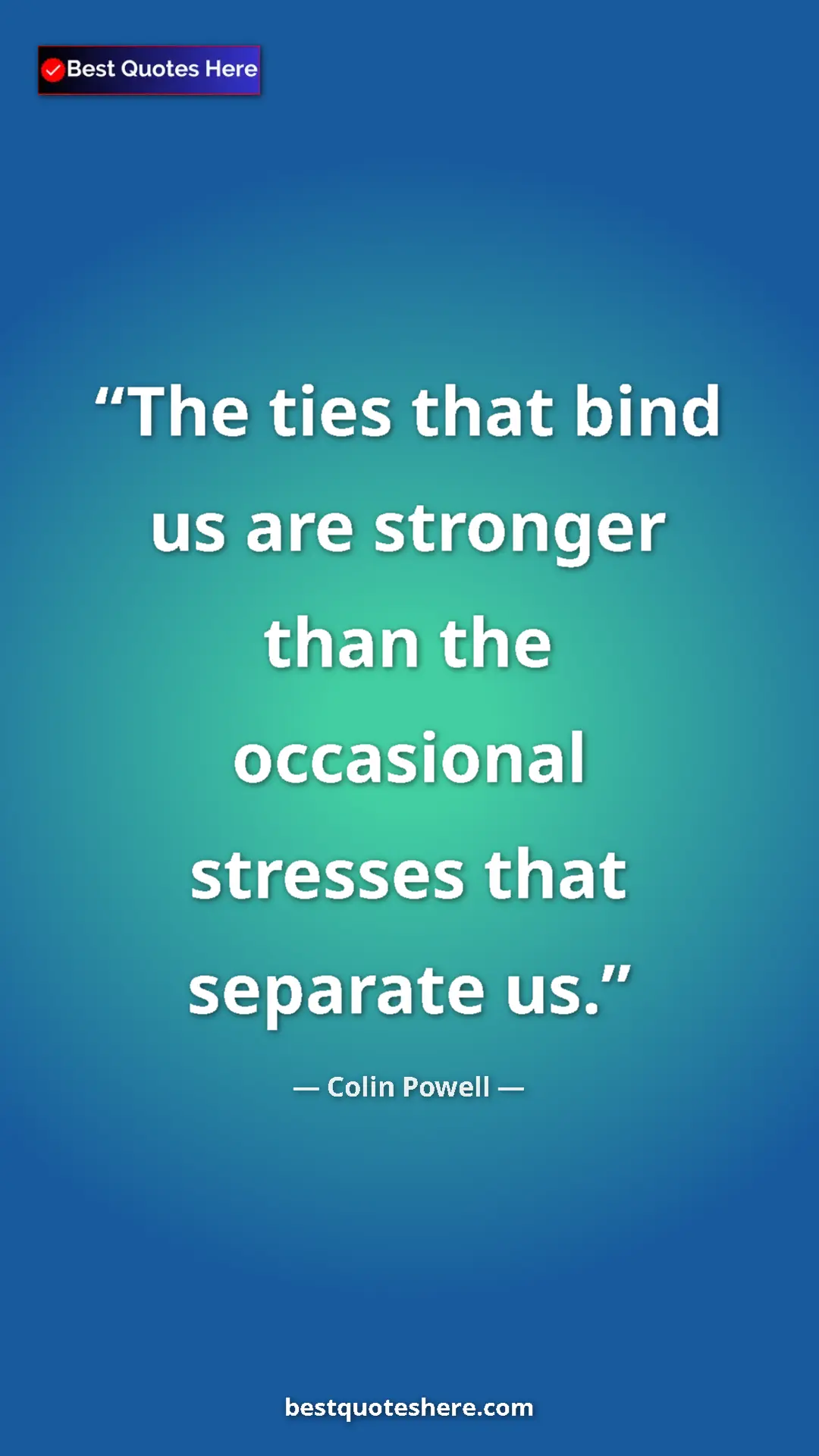 Colin Powell Quote Card: "The ties that bind us are stronger than the occasional..." Pinterest quote poster by Colin Powell: "The ties that bind us are stronger than the occasional..."
