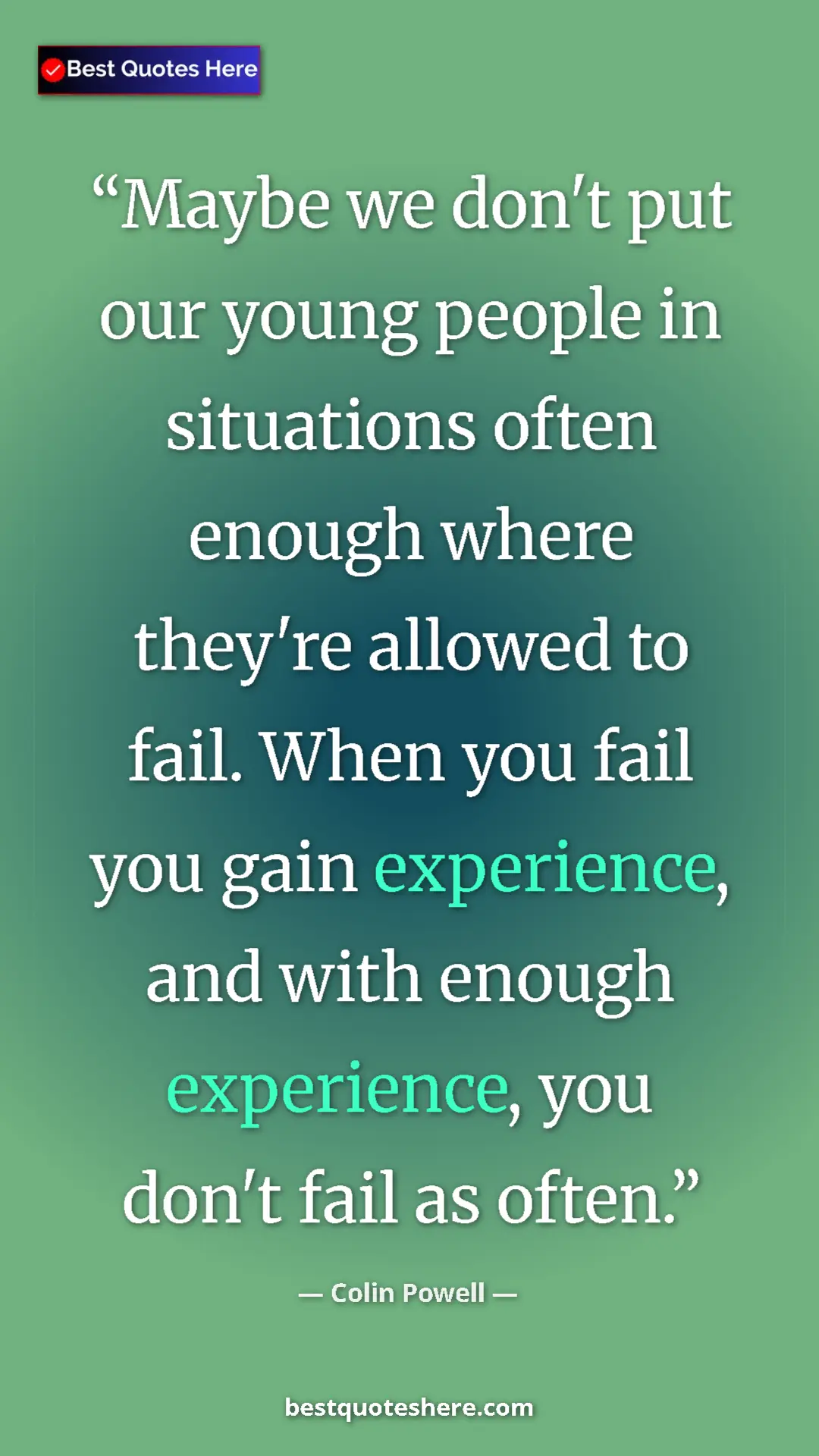 Pinterest quote poster by Colin Powell: "Maybe we don't put our young people in situations often..."