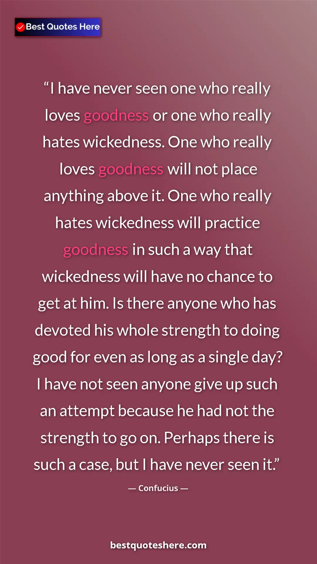 Pinterest quote poster by Confucius: "I have never seen one who really loves goodness or one who..."