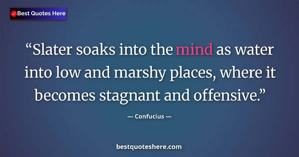 Quote by Confucius: Slater soaks into the mind as water into low and marshy places, where it becomes stagnant and offens...
