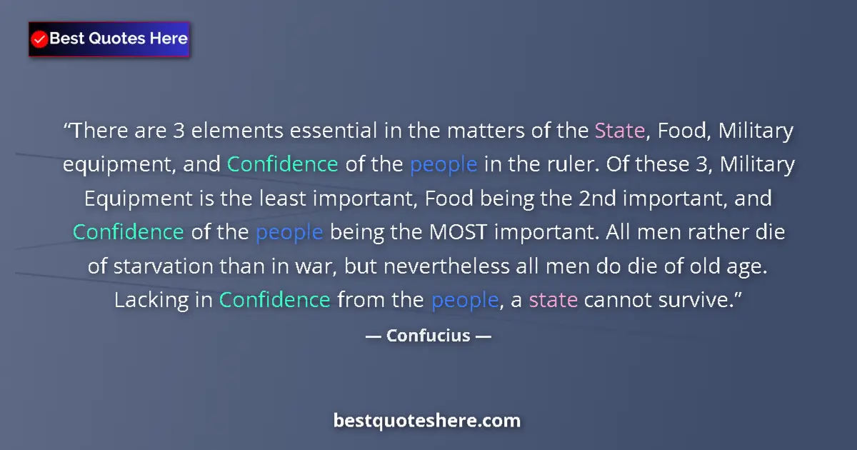 Quote by Confucius: There are 3 elements essential in the matters of the State, Food, Military equipment, and Confidence...