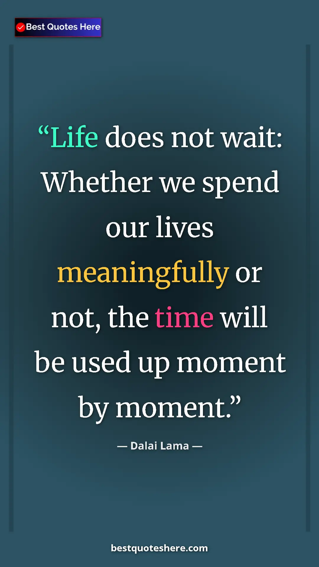 Dalai Lama Quote Card: "Life does not wait: Whether we spend our lives meaningfully..." Pinterest quote poster by Dalai Lama: "Life does not wait: Whether we spend our lives meaningfully..."