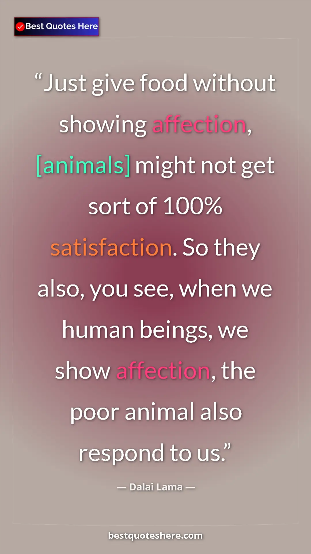 Pinterest quote poster by Dalai Lama: "Just give food without showing affection, [animals] might..."