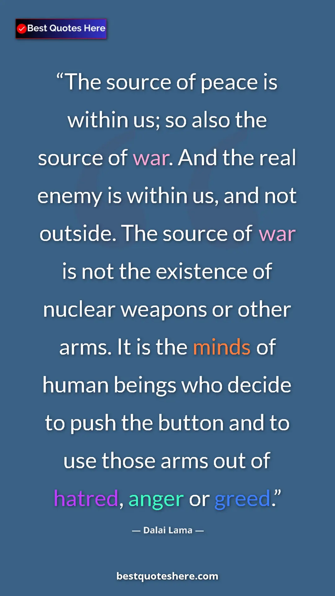 Dalai Lama Quote Card: "The source of peace is within us; so also the source of..." Pinterest quote poster by Dalai Lama: "The source of peace is within us; so also the source of..."