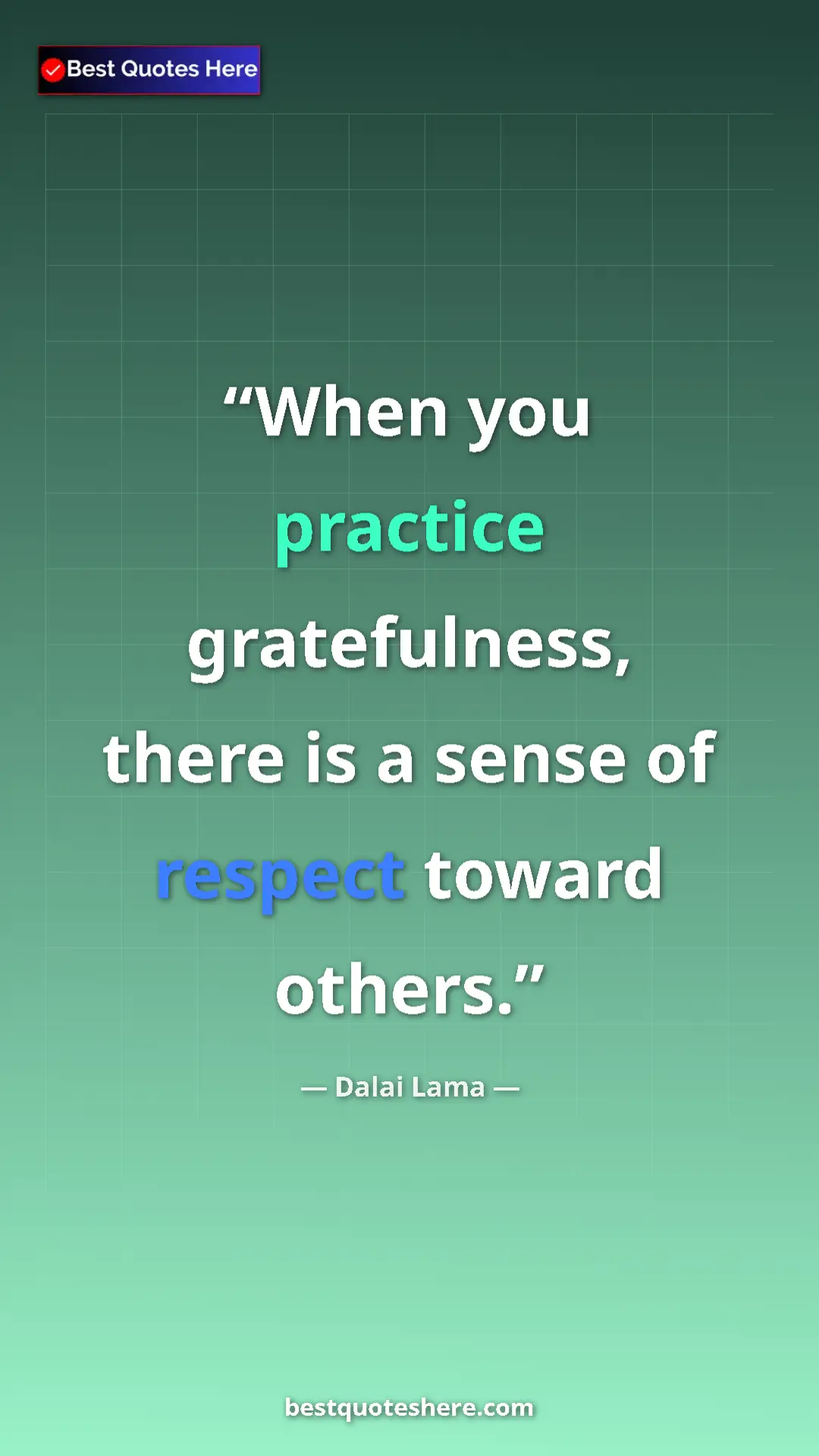 Dalai Lama Quote Card: "When you practice gratefulness, there is a sense of respect..." Pinterest quote poster by Dalai Lama: "When you practice gratefulness, there is a sense of respect..."