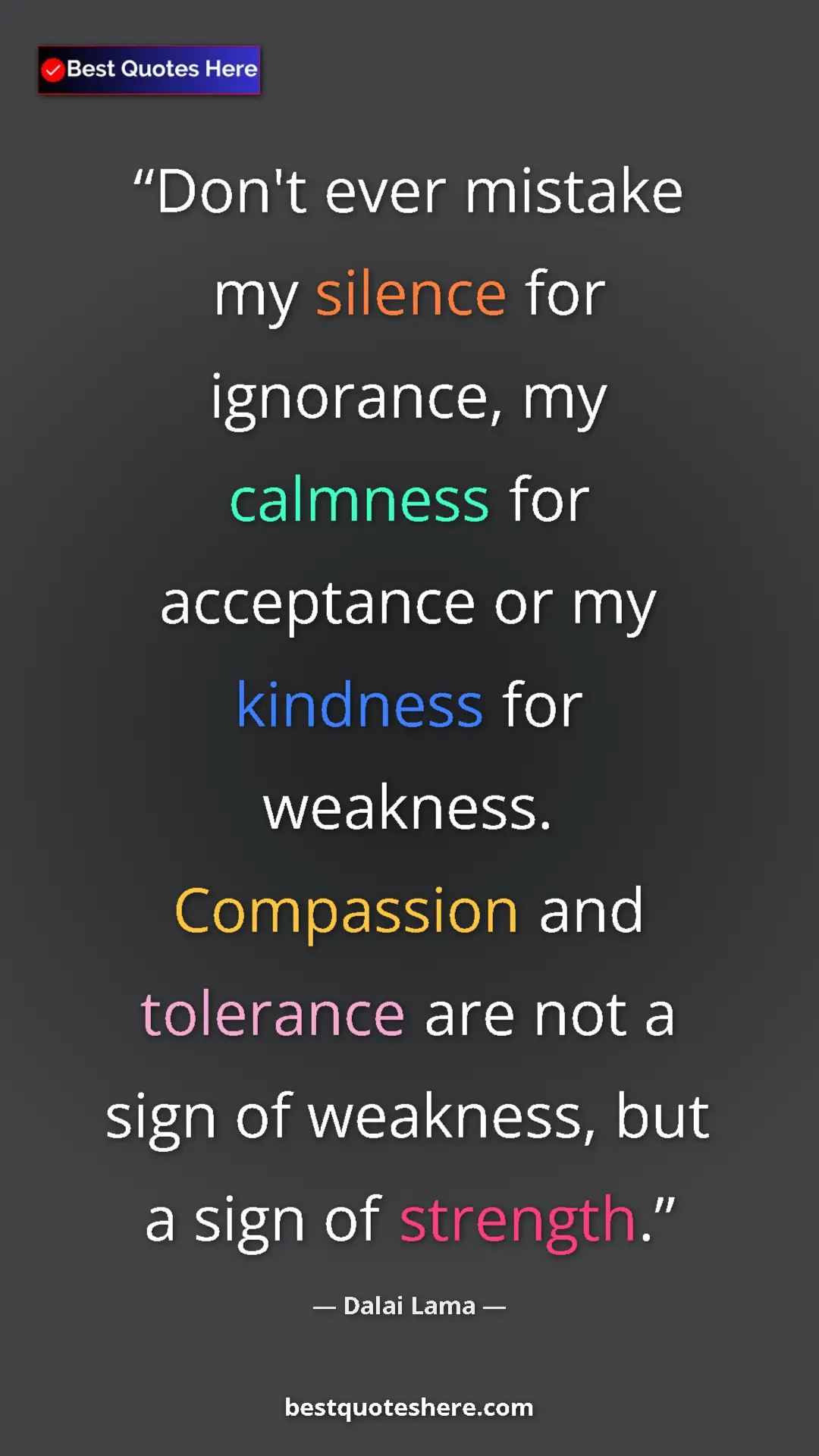 Pinterest quote poster by Dalai Lama: "Don't ever mistake my silence for ignorance, my calmness..."