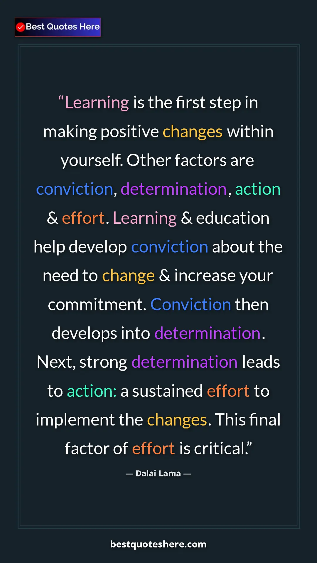 Pinterest quote poster by Dalai Lama: "Learning is the first step in making positive changes..."