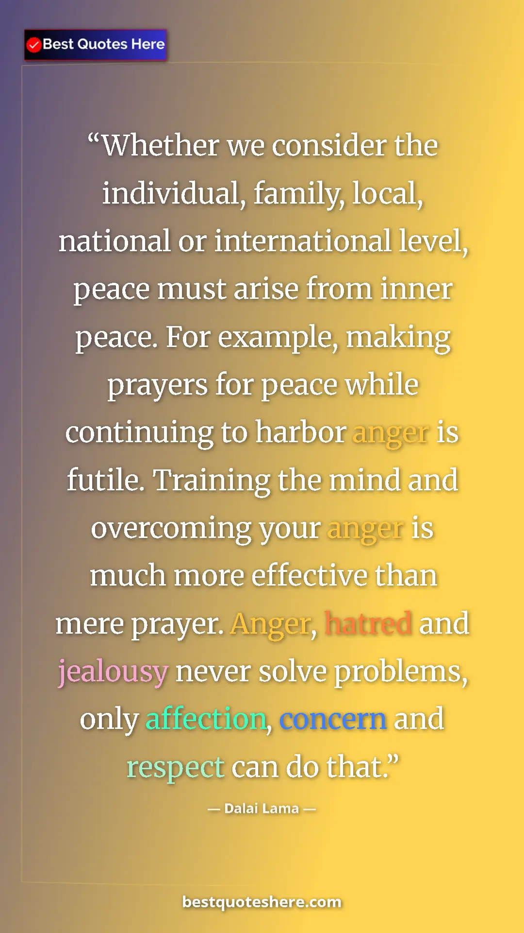 Dalai Lama Quote Card: "Whether we consider the individual, family, local, national..." Pinterest quote poster by Dalai Lama: "Whether we consider the individual, family, local, national..."