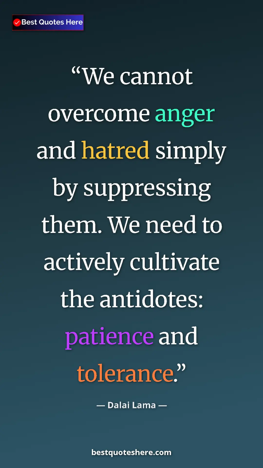 Dalai Lama Quote Card: "We cannot overcome anger and hatred simply by suppressing th" Pinterest quote poster by Dalai Lama: "We cannot overcome anger and hatred simply by suppressing th"