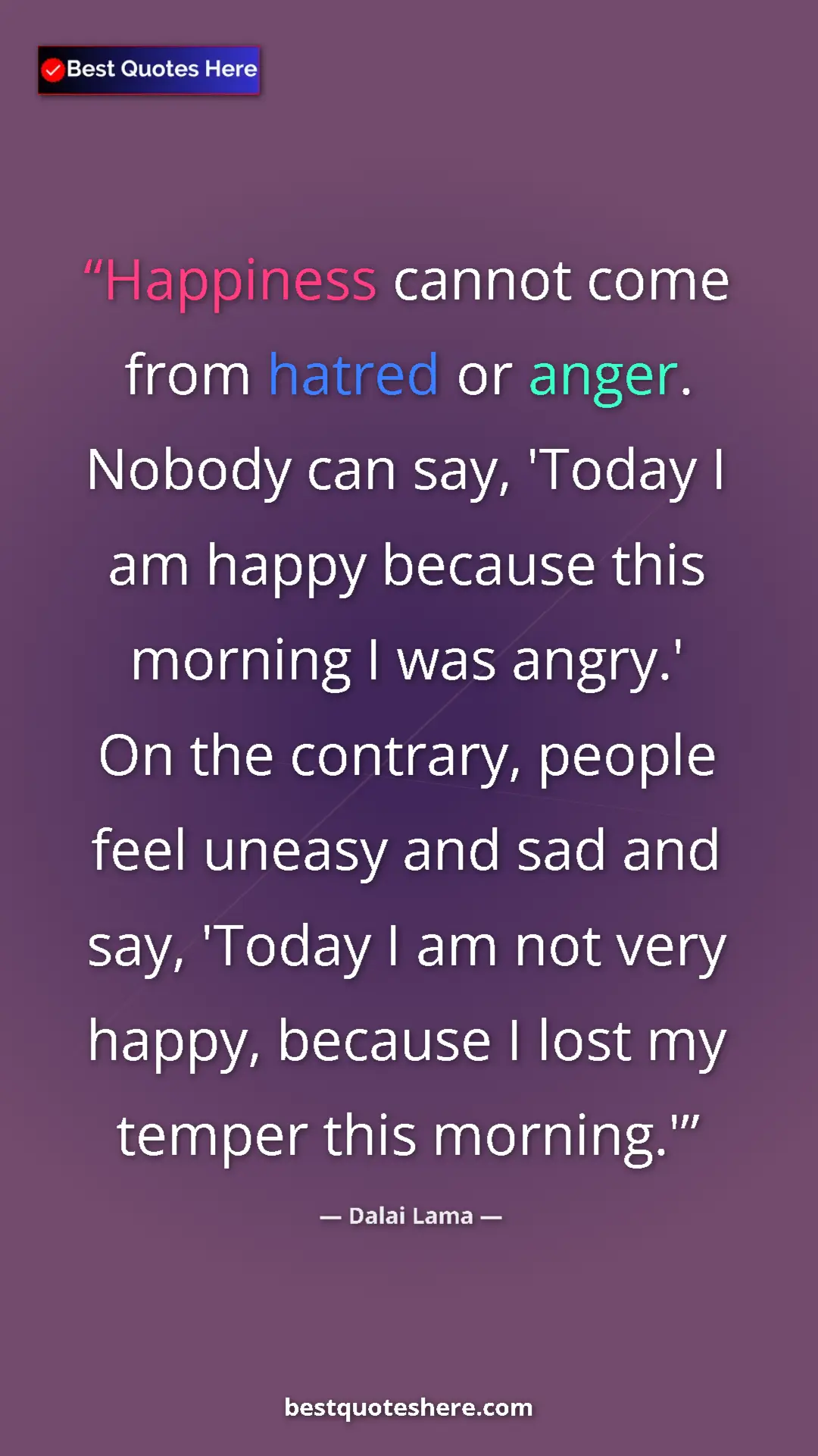 Pinterest quote poster by Dalai Lama: "Happiness cannot come from hatred or anger. Nobody can say,..."