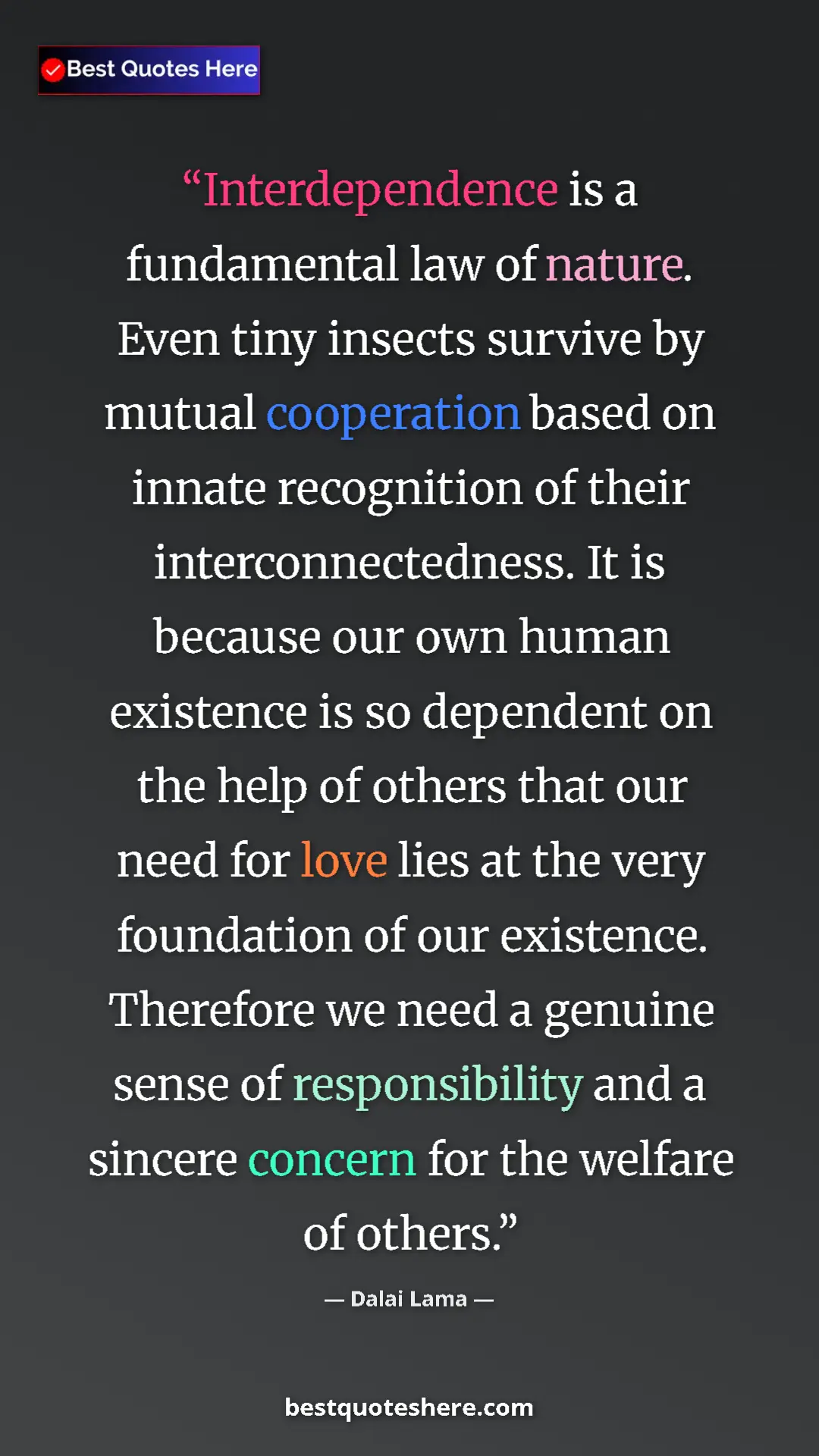 Dalai Lama Quote Card: "Interdependence is a fundamental law of nature. Even tiny..." Pinterest quote poster by Dalai Lama: "Interdependence is a fundamental law of nature. Even tiny..."