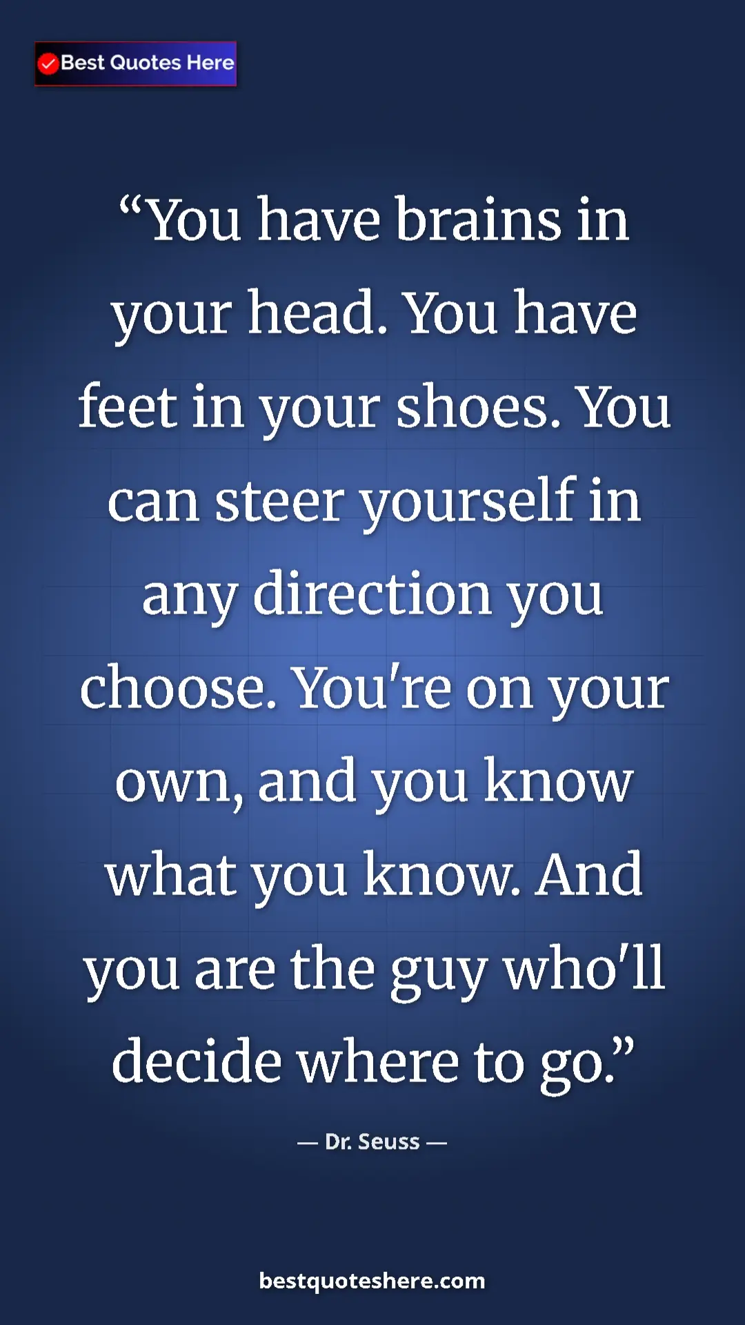 Pinterest quote poster by Dr. Seuss: "You have brains in your head. You have feet in your shoes...."
