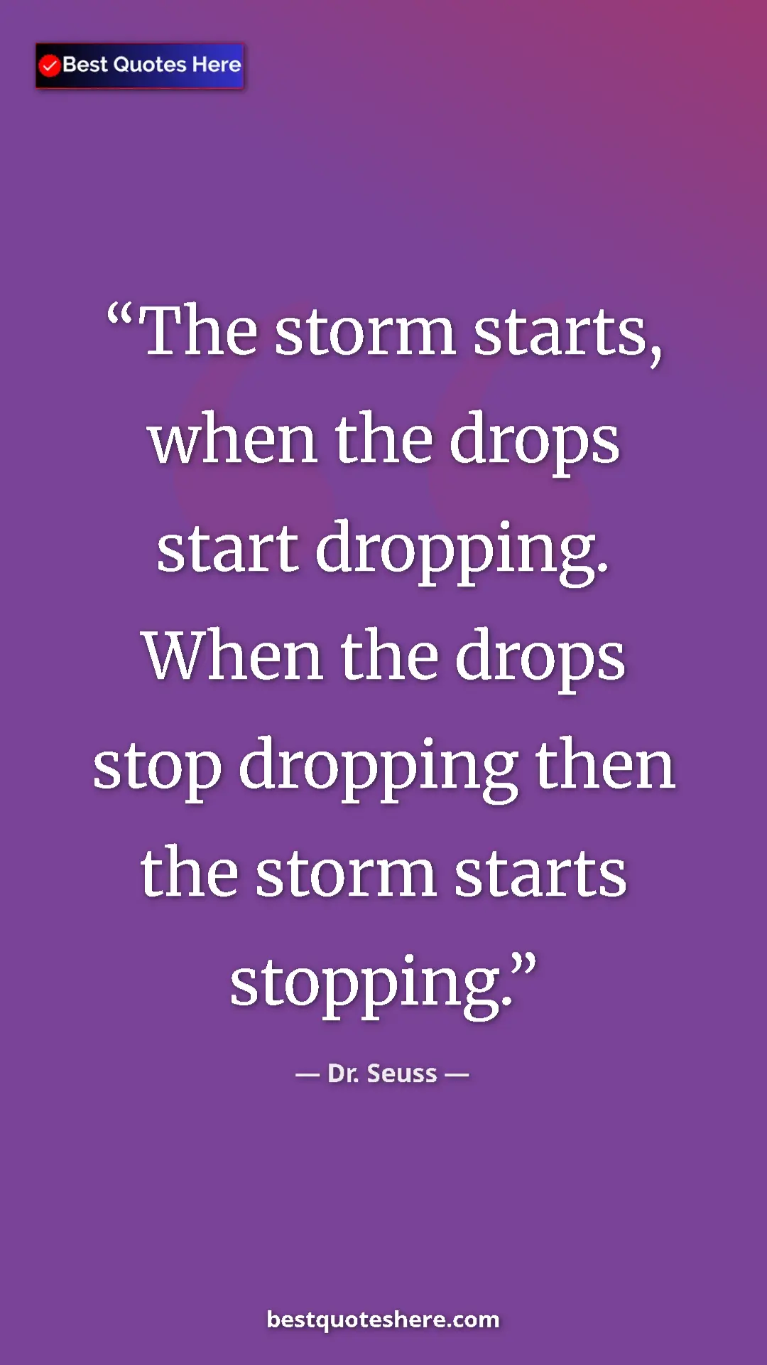 Pinterest quote poster by Dr. Seuss: "The storm starts, when the drops start dropping. When the..."