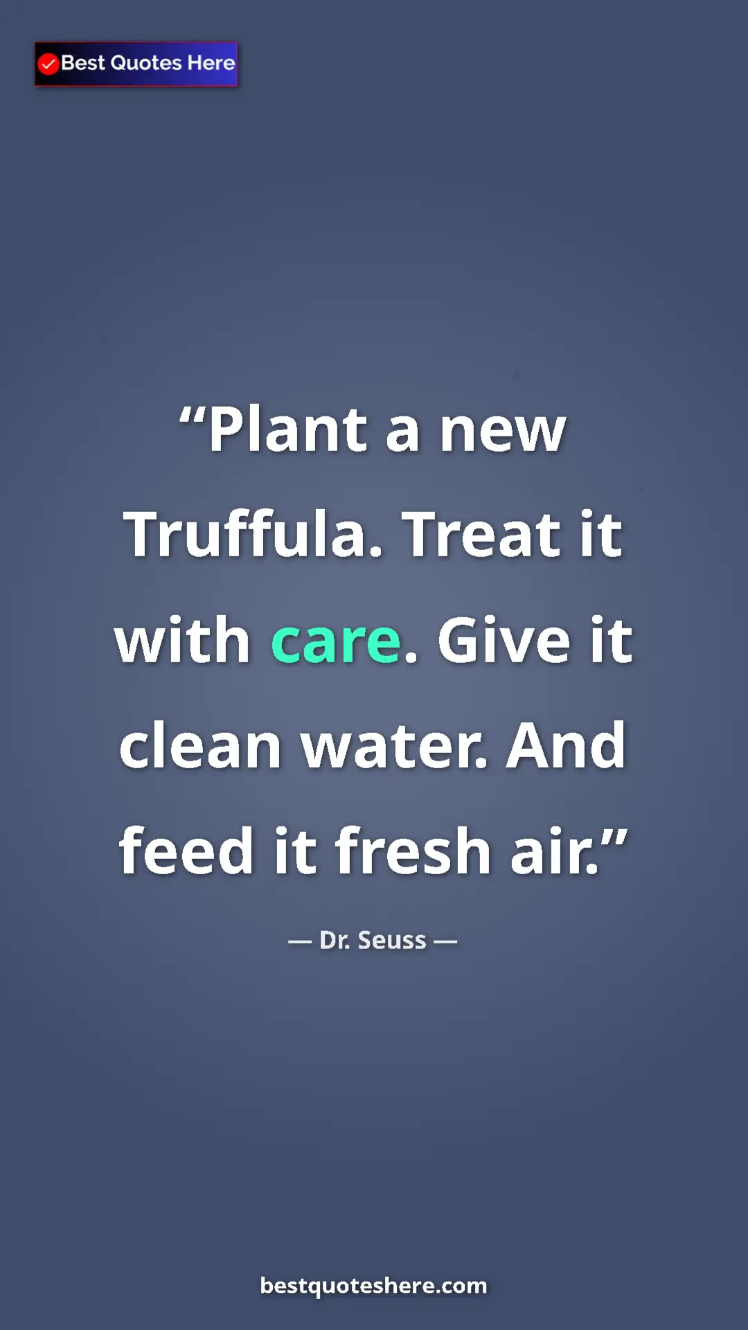Dr. Seuss Quote Card: "Plant a new Truffula. Treat it with care. Give it clean..." Pinterest quote poster by Dr. Seuss: "Plant a new Truffula. Treat it with care. Give it clean..."
