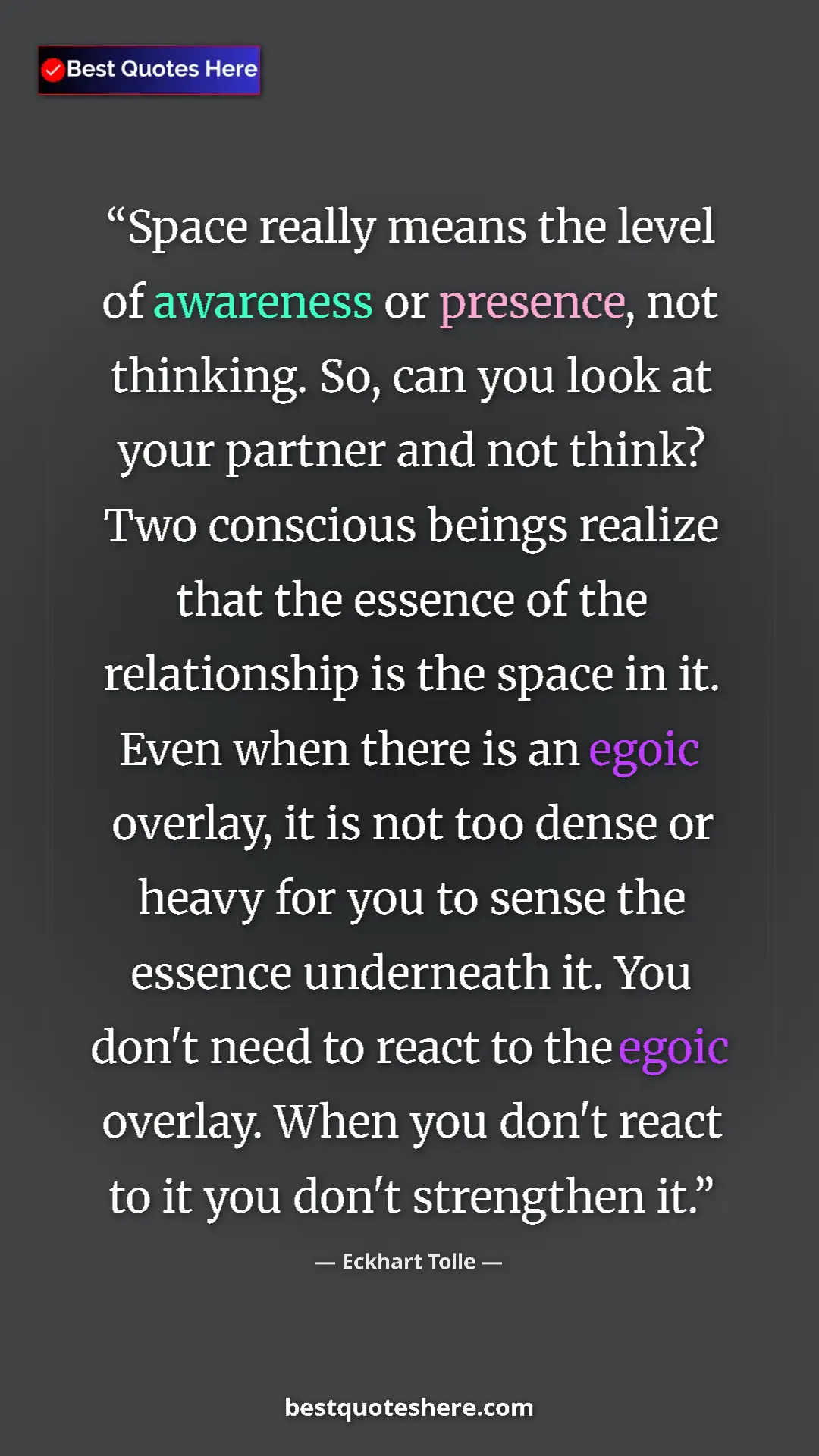 Eckhart Tolle Quote Card: "Space really means the level of awareness or presence, not..." Pinterest quote poster by Eckhart Tolle: "Space really means the level of awareness or presence, not..."