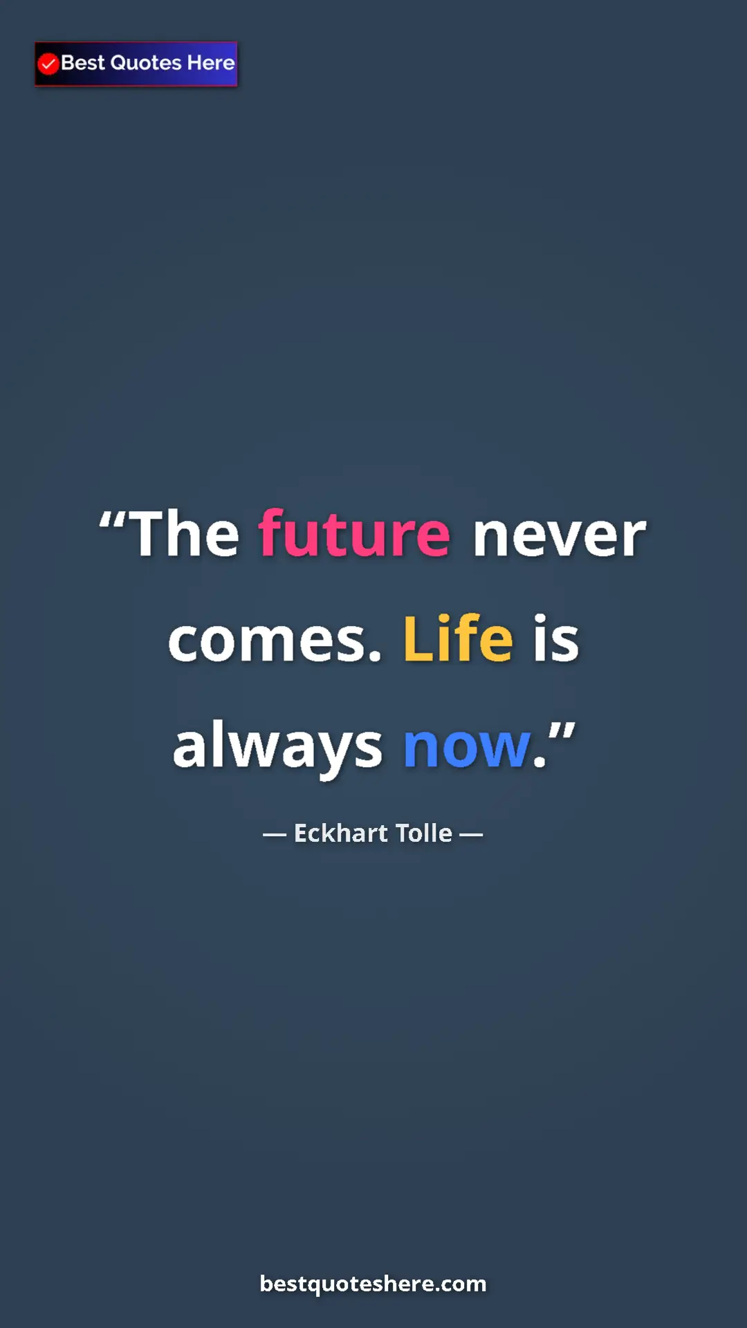 Pinterest quote poster by Eckhart Tolle: "The future never comes. Life is always now."