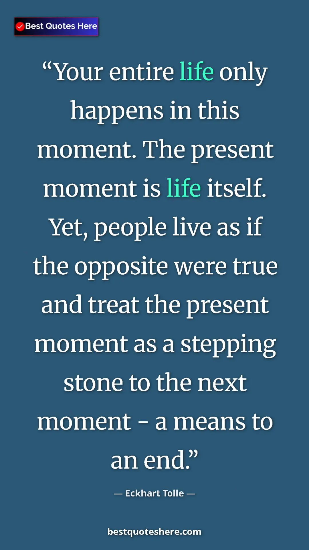 Pinterest quote poster by Eckhart Tolle: "Your entire life only happens in this moment. The present..."